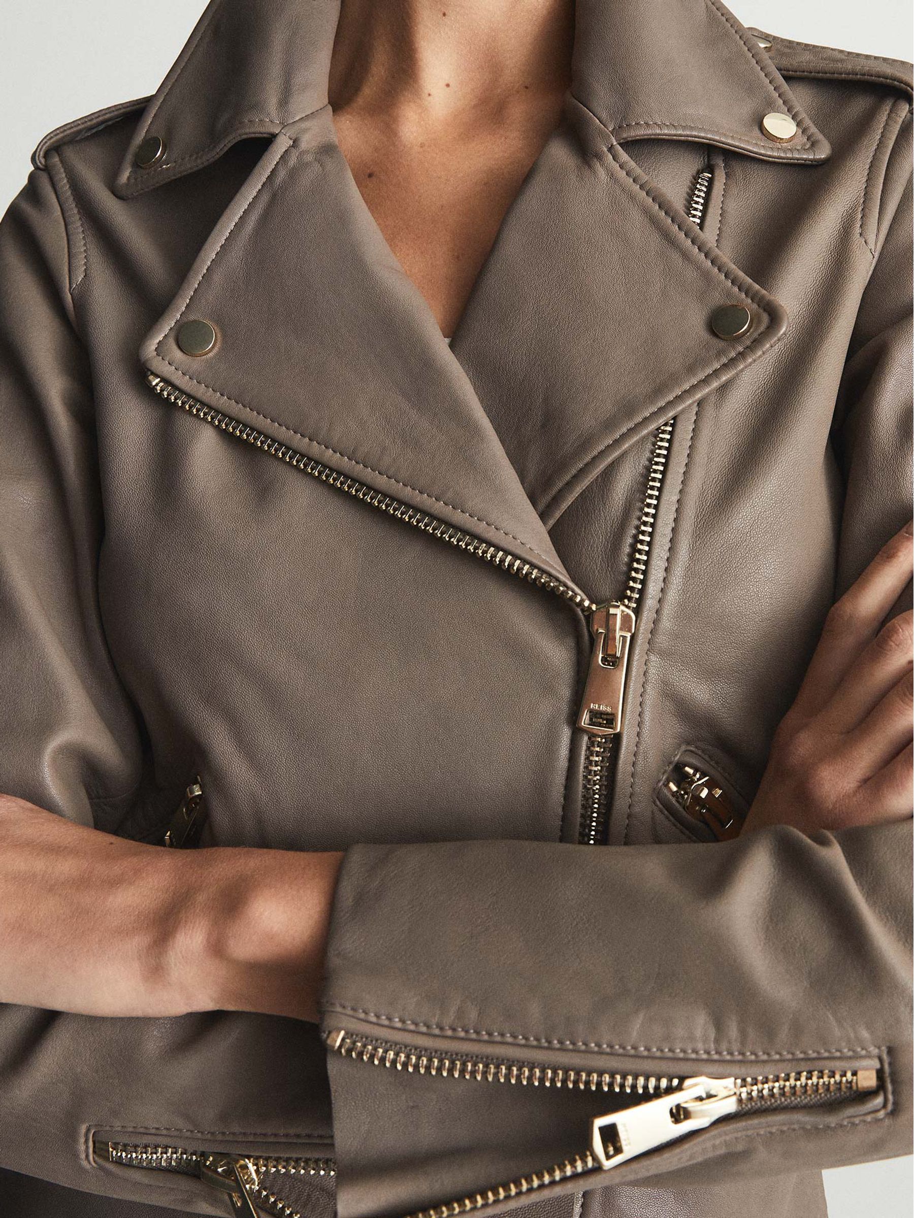 Leather Biker Jacket in Taupe - Image 1 of 6