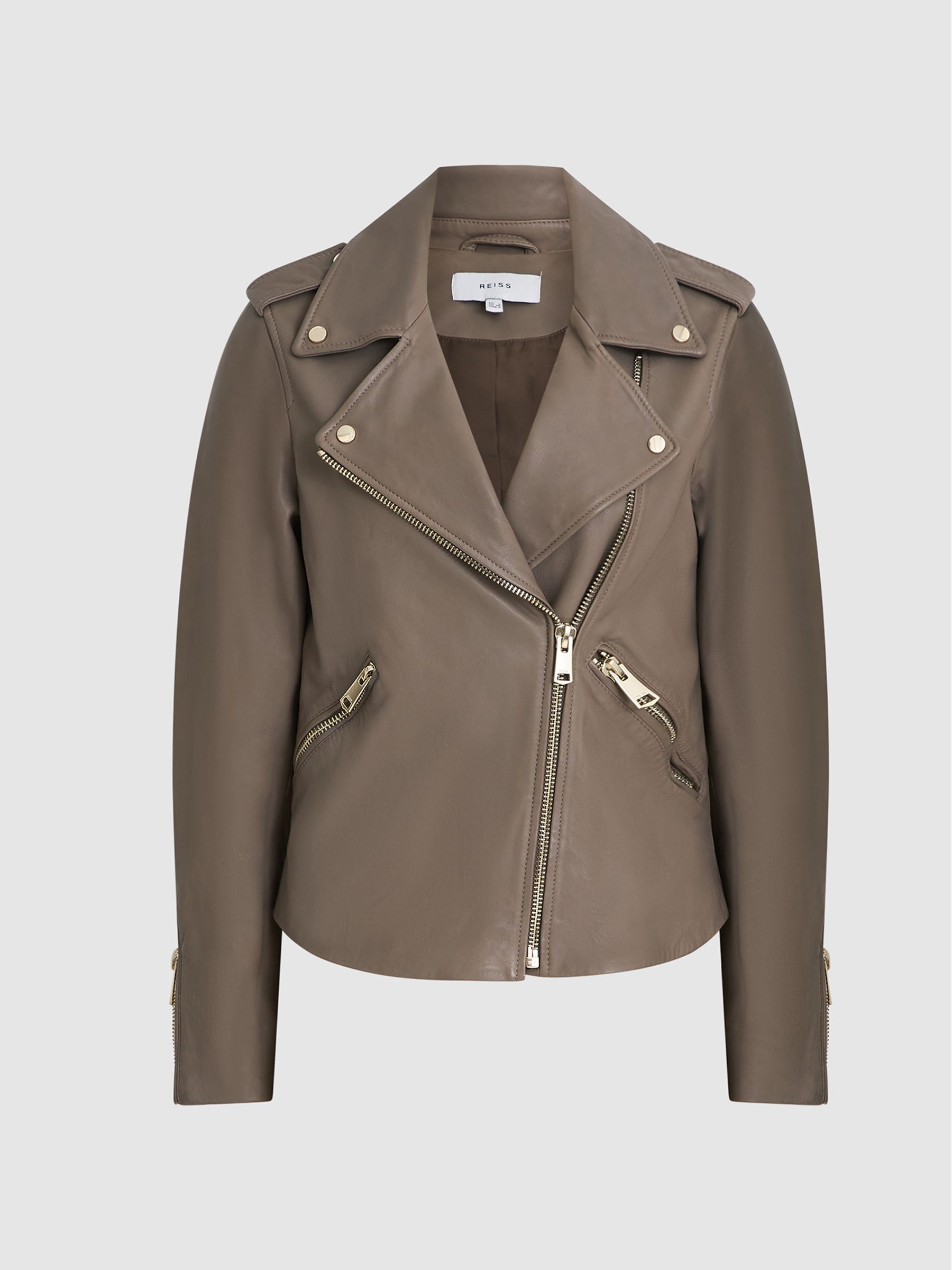 Leather Biker Jacket in Taupe - Image 2 of 6