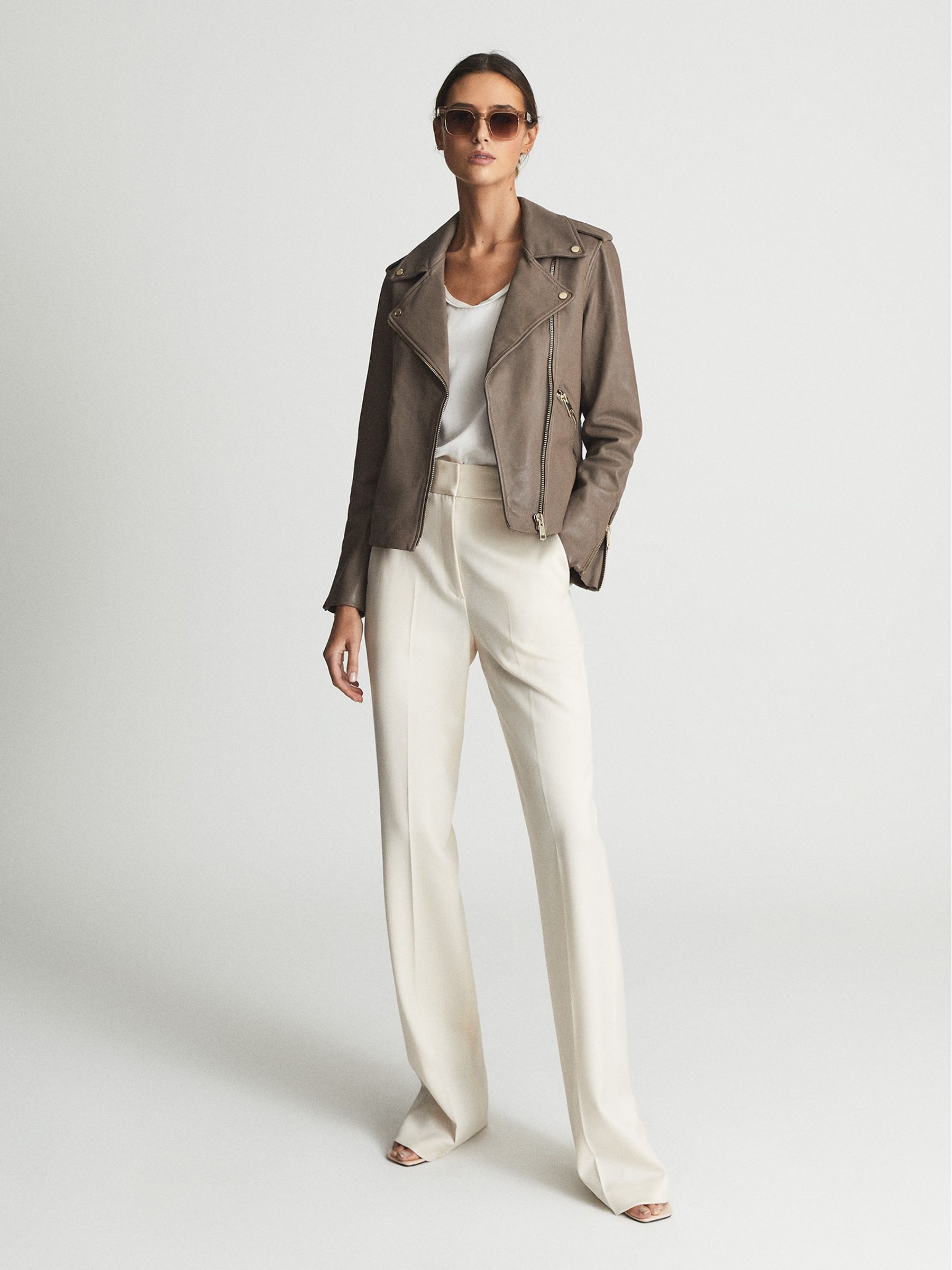 Leather Biker Jacket in Taupe - Image 3 of 6