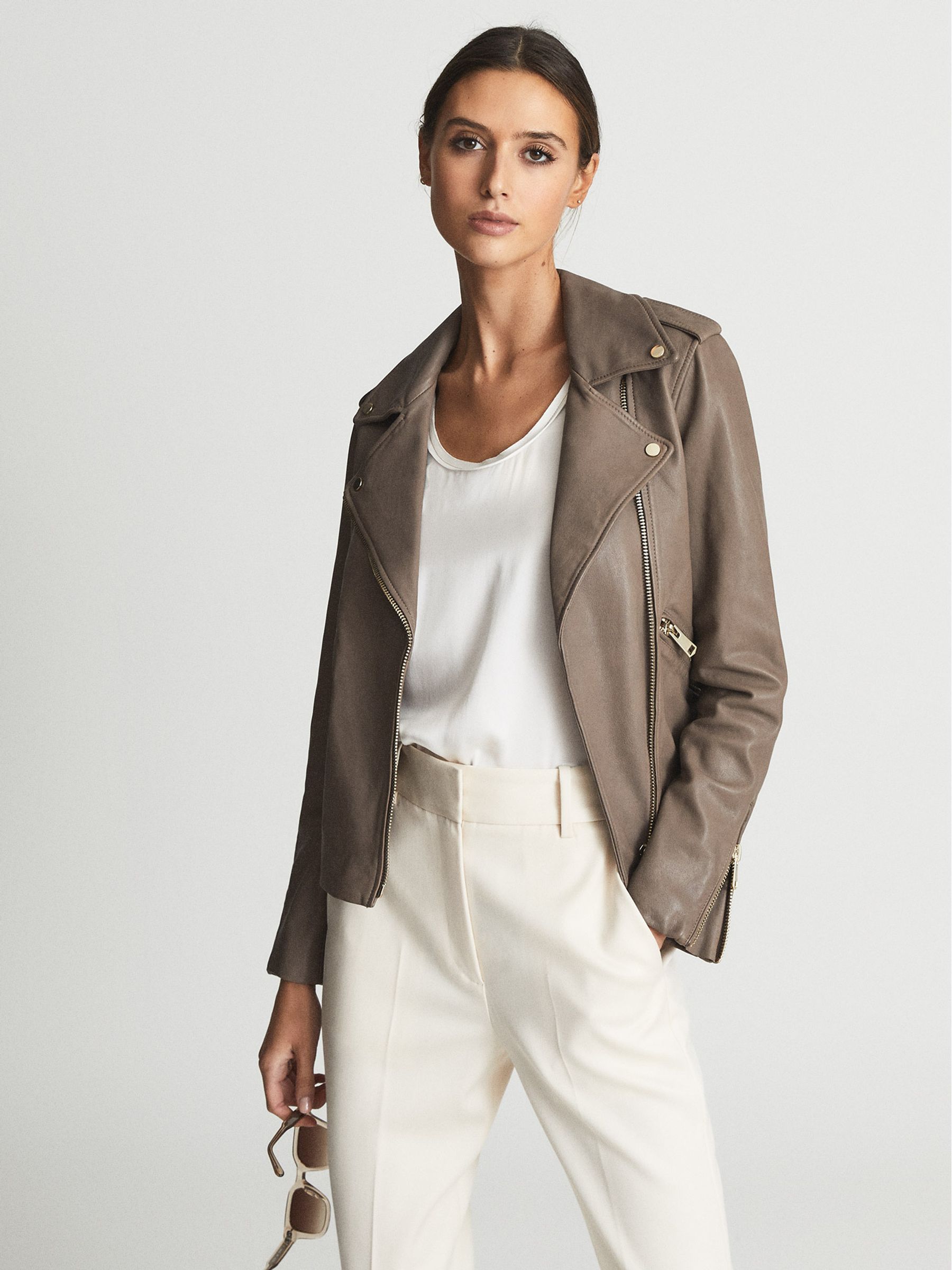Leather Biker Jacket in Taupe - Image 4 of 6
