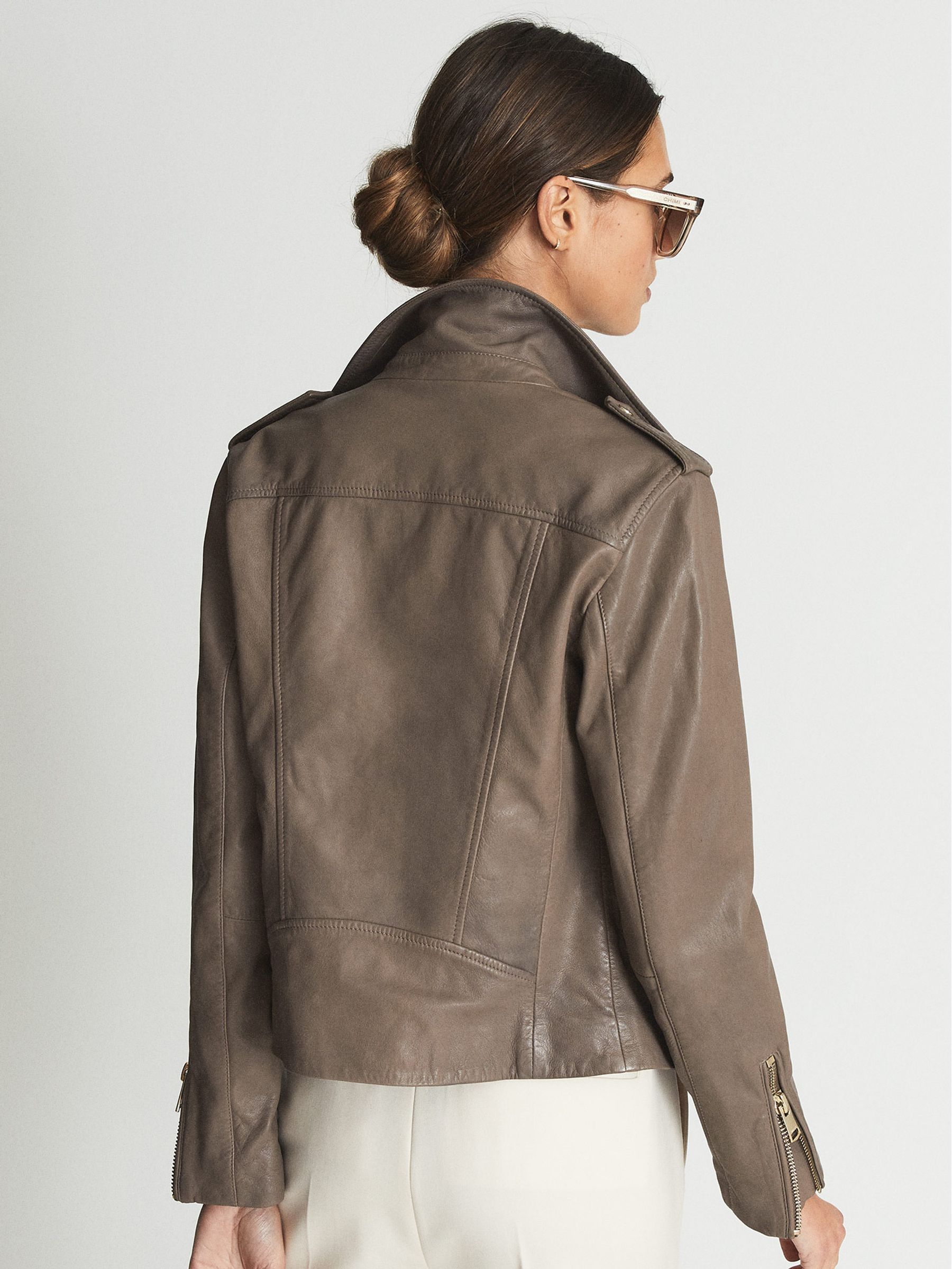 Leather Biker Jacket in Taupe - Image 5 of 6
