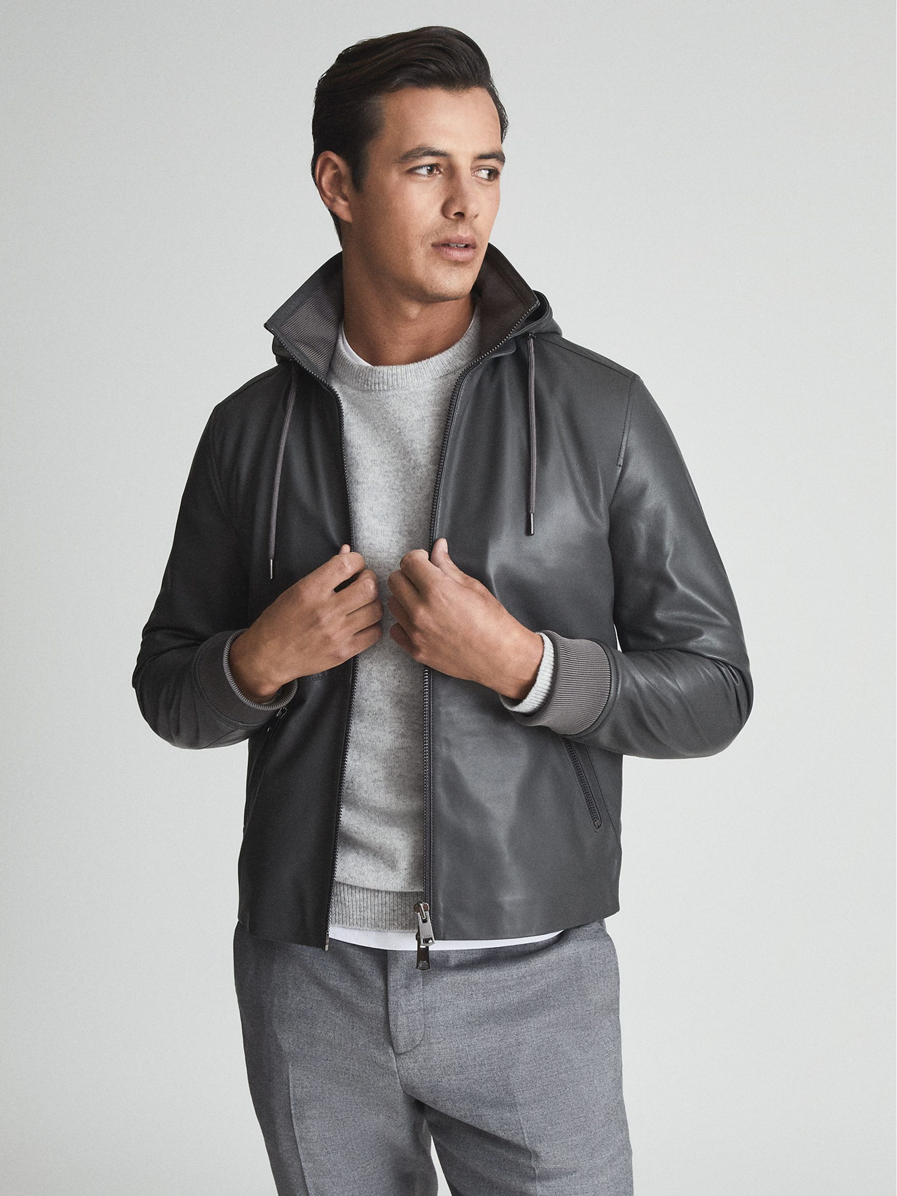 Leather Zip Through Hooded Jacket in Charcoal - Image 1 of 8 Leather Zip Through Hooded Jacket in Charcoal - Image 1 of 8