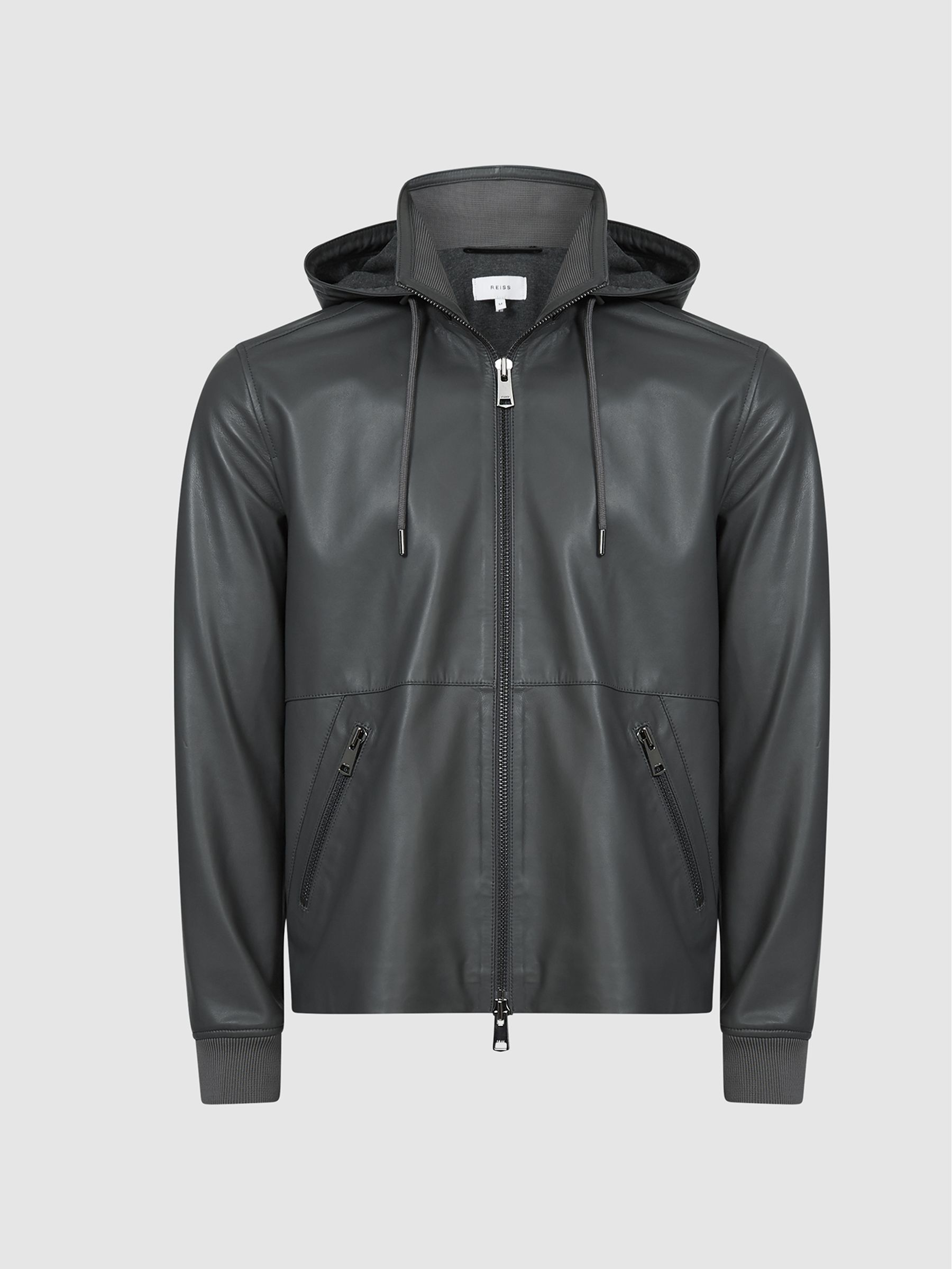 Leather Zip Through Hooded Jacket in Charcoal - Image 2 of 8