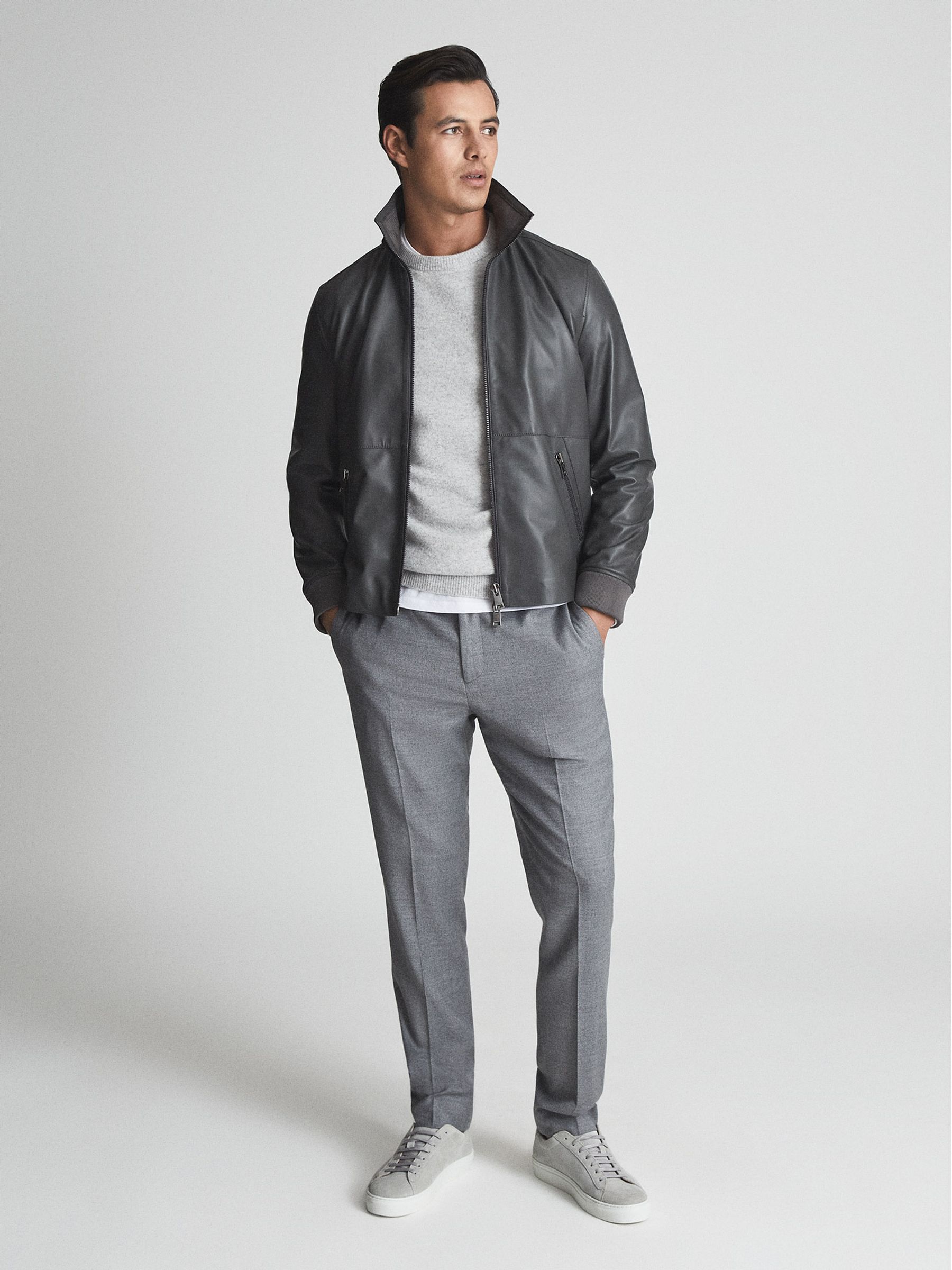 Leather Zip Through Hooded Jacket in Charcoal - Image 3 of 8