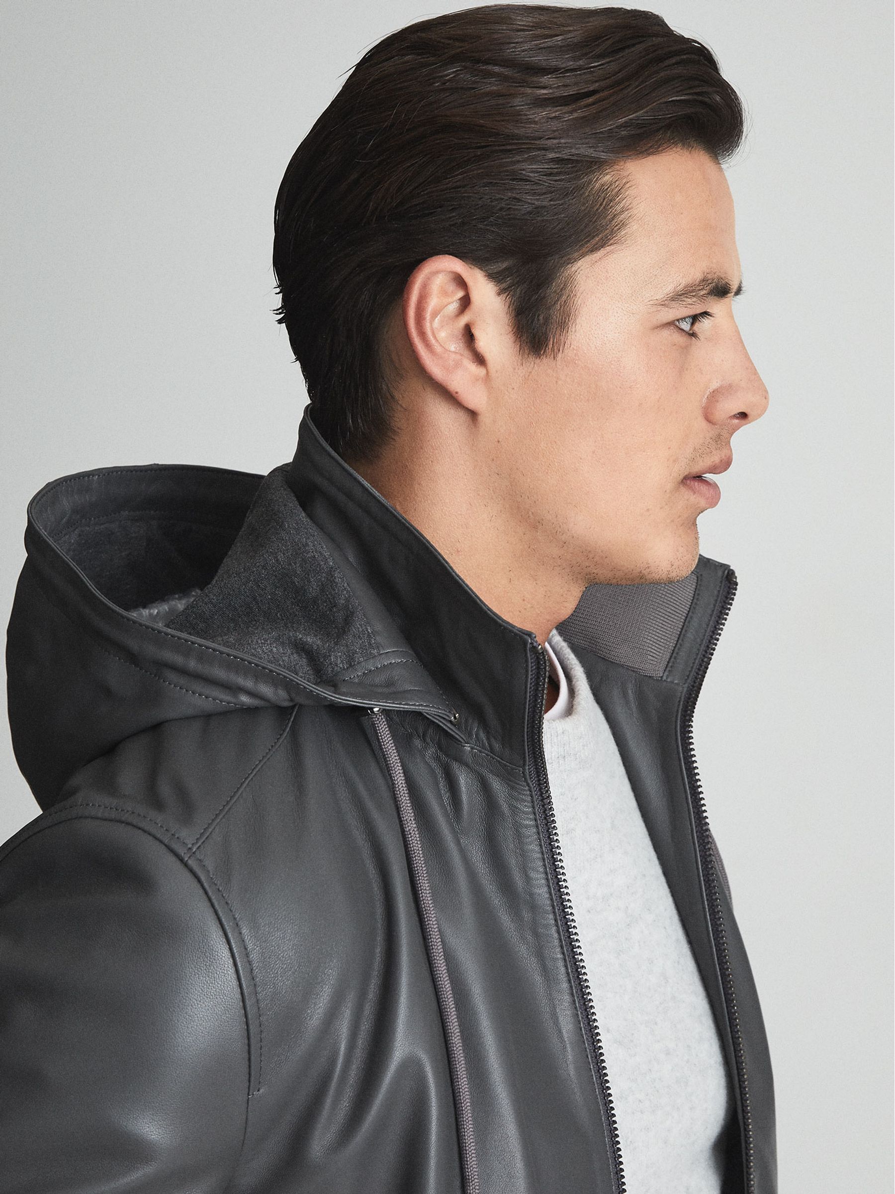 Leather Zip Through Hooded Jacket in Charcoal - Image 4 of 8