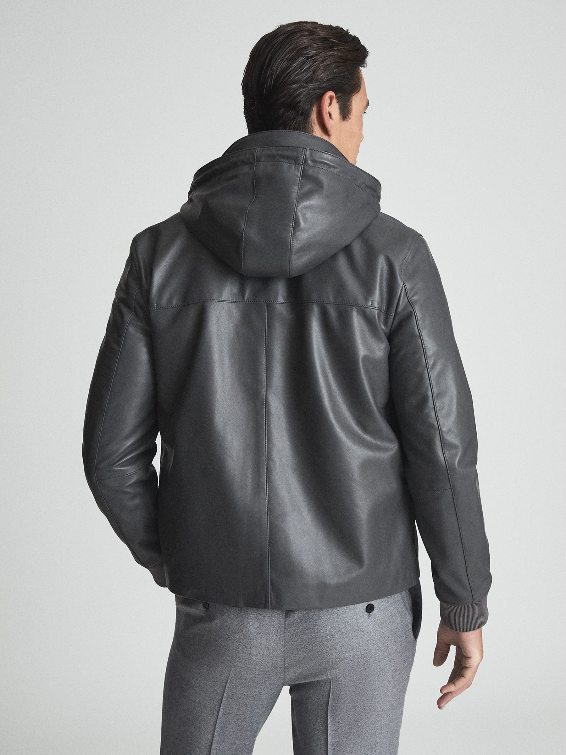 Leather Zip Through Hooded Jacket in Charcoal - Image 5 of 8