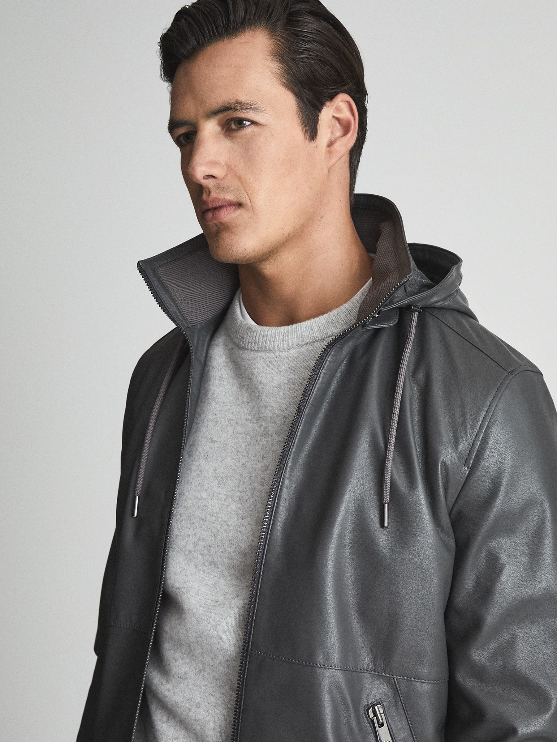 Leather Zip Through Hooded Jacket in Charcoal - Image 6 of 8
