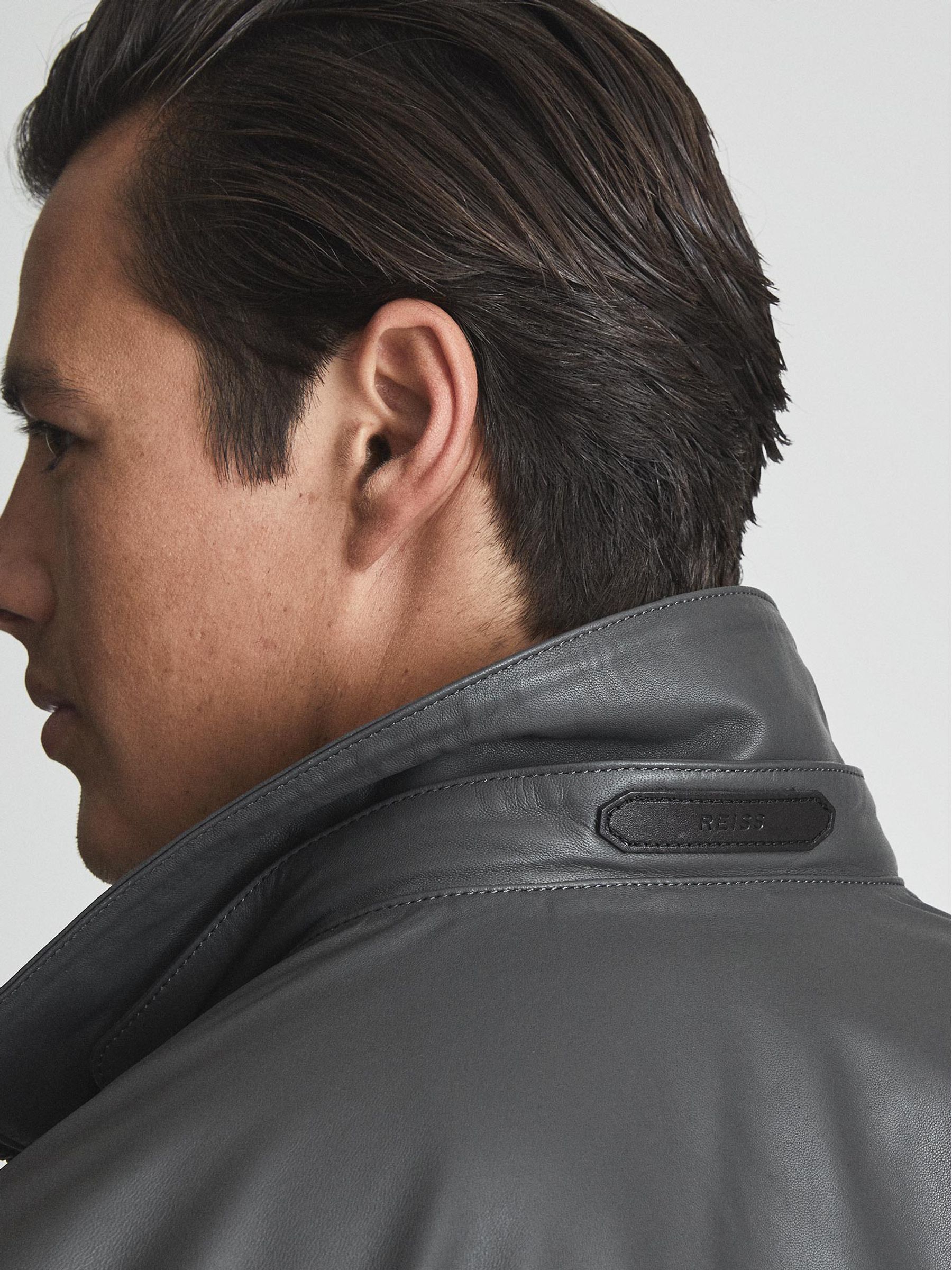 Leather Zip Through Hooded Jacket in Charcoal - Image 7 of 8