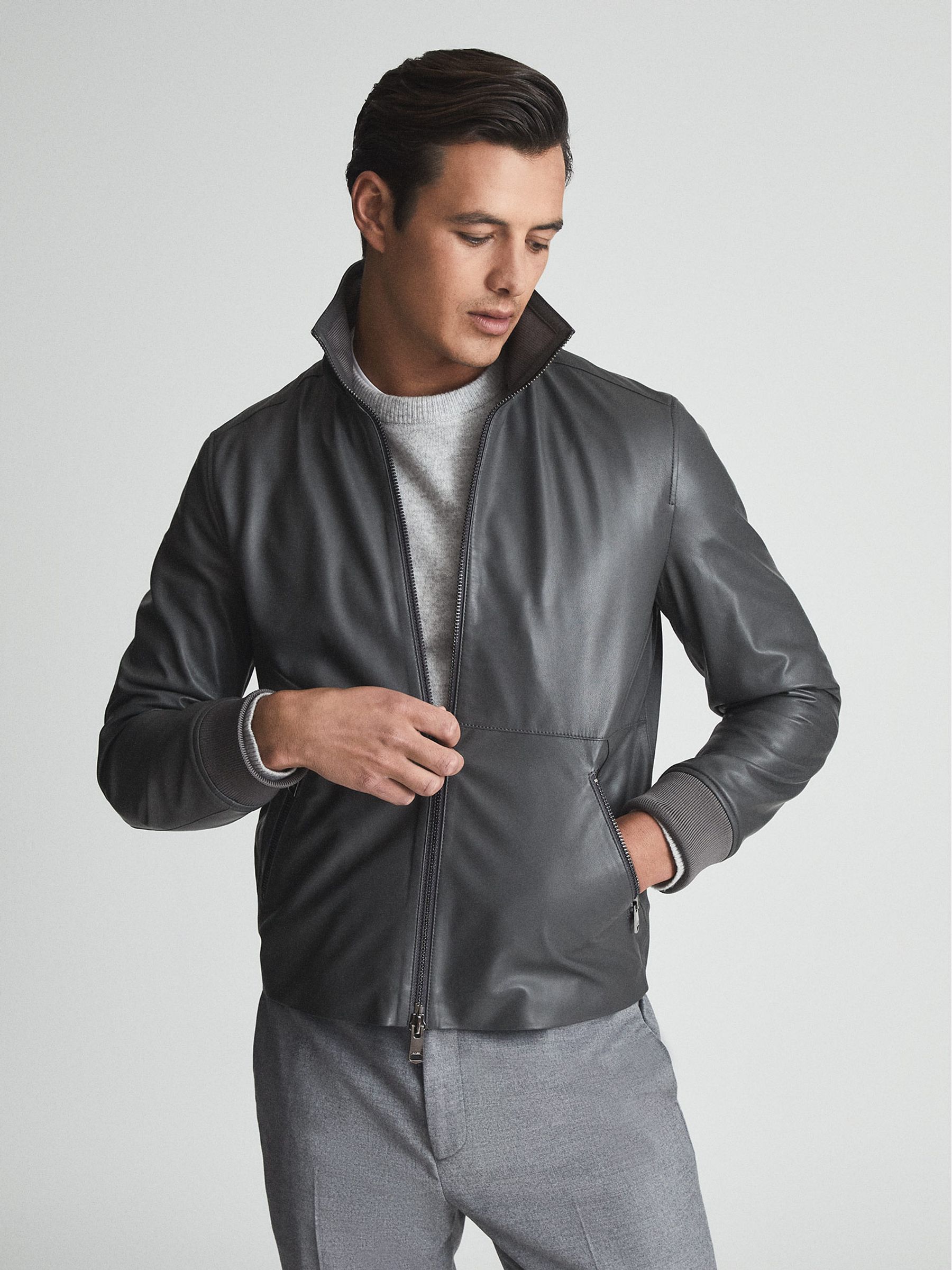 Leather Zip Through Hooded Jacket in Charcoal - Image 8 of 8