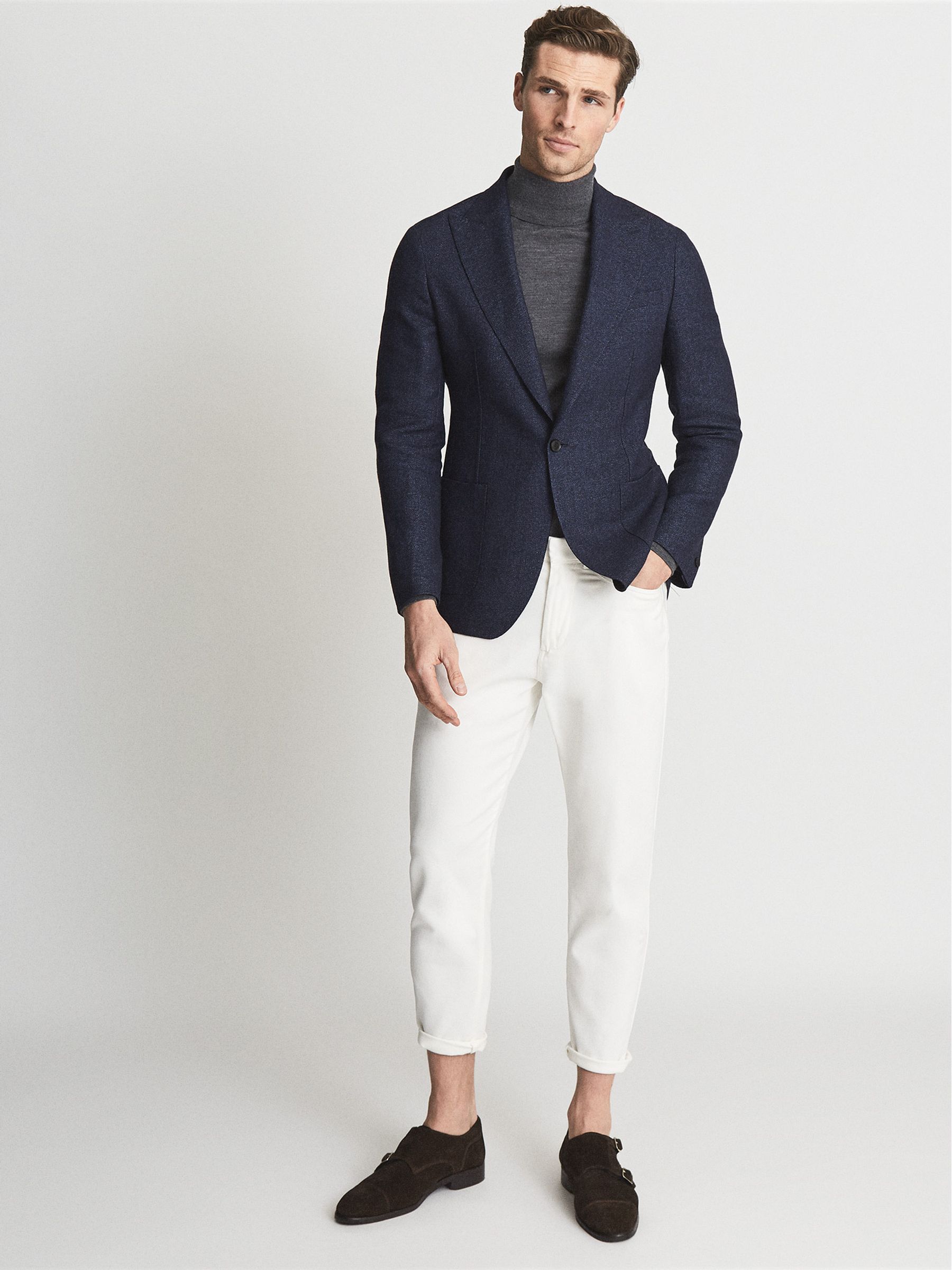 Amalfi Indigo Slim Fit Single Breasted Textured Blazer - Image 3 of 7