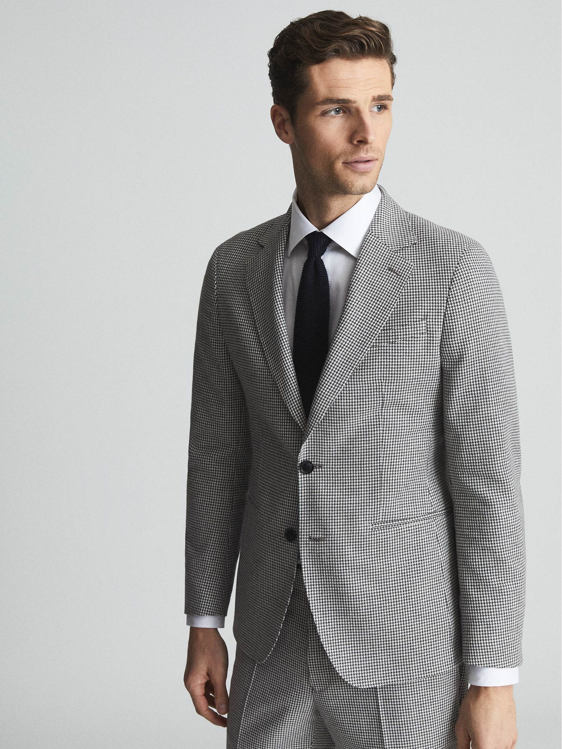 Freedom Grey/Brown Slim Fit Puppytooth Single Breasted Blazer - Image 1 of 6