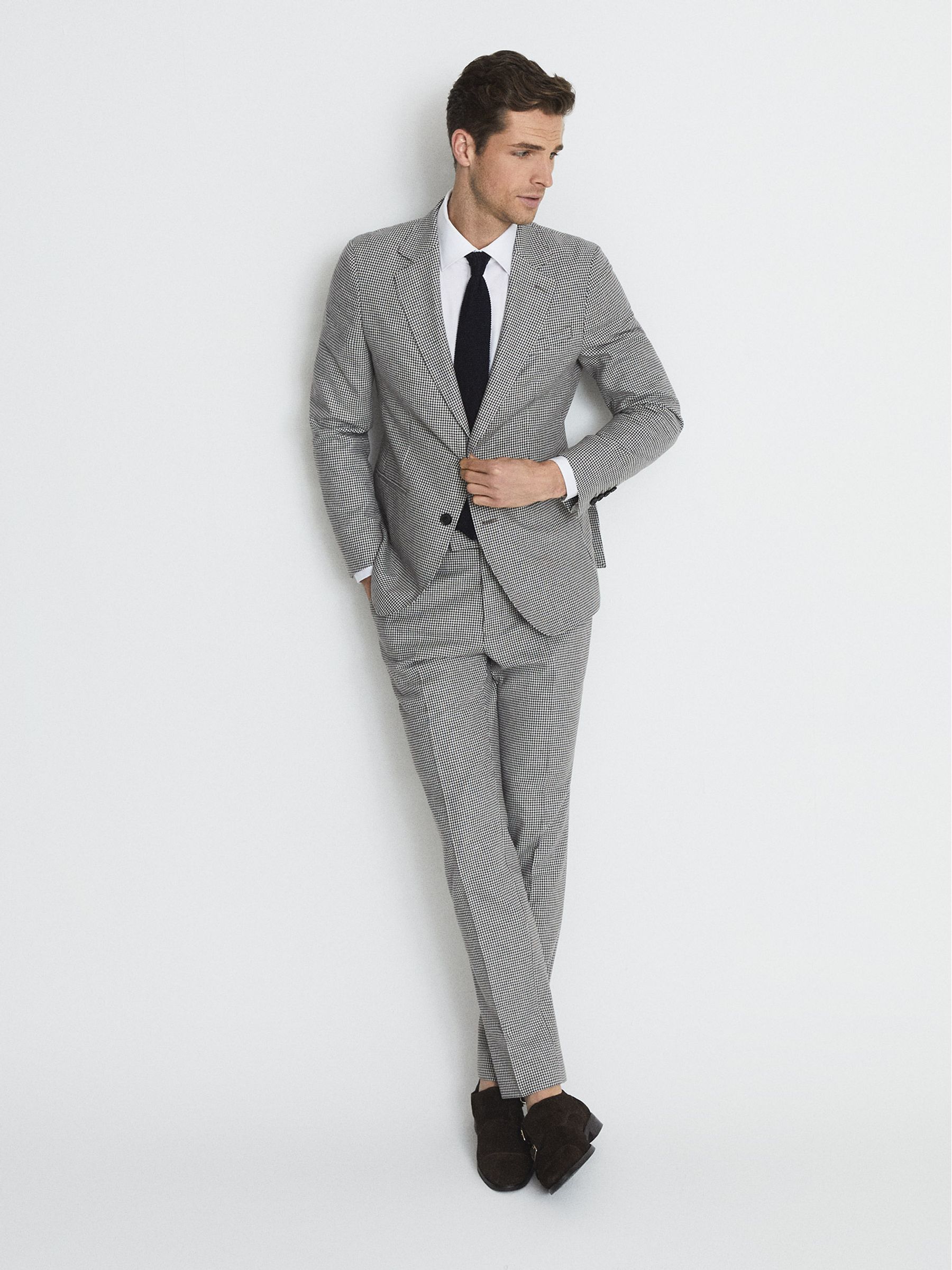 Freedom Grey/Brown Slim Fit Puppytooth Single Breasted Blazer - Image 3 of 6