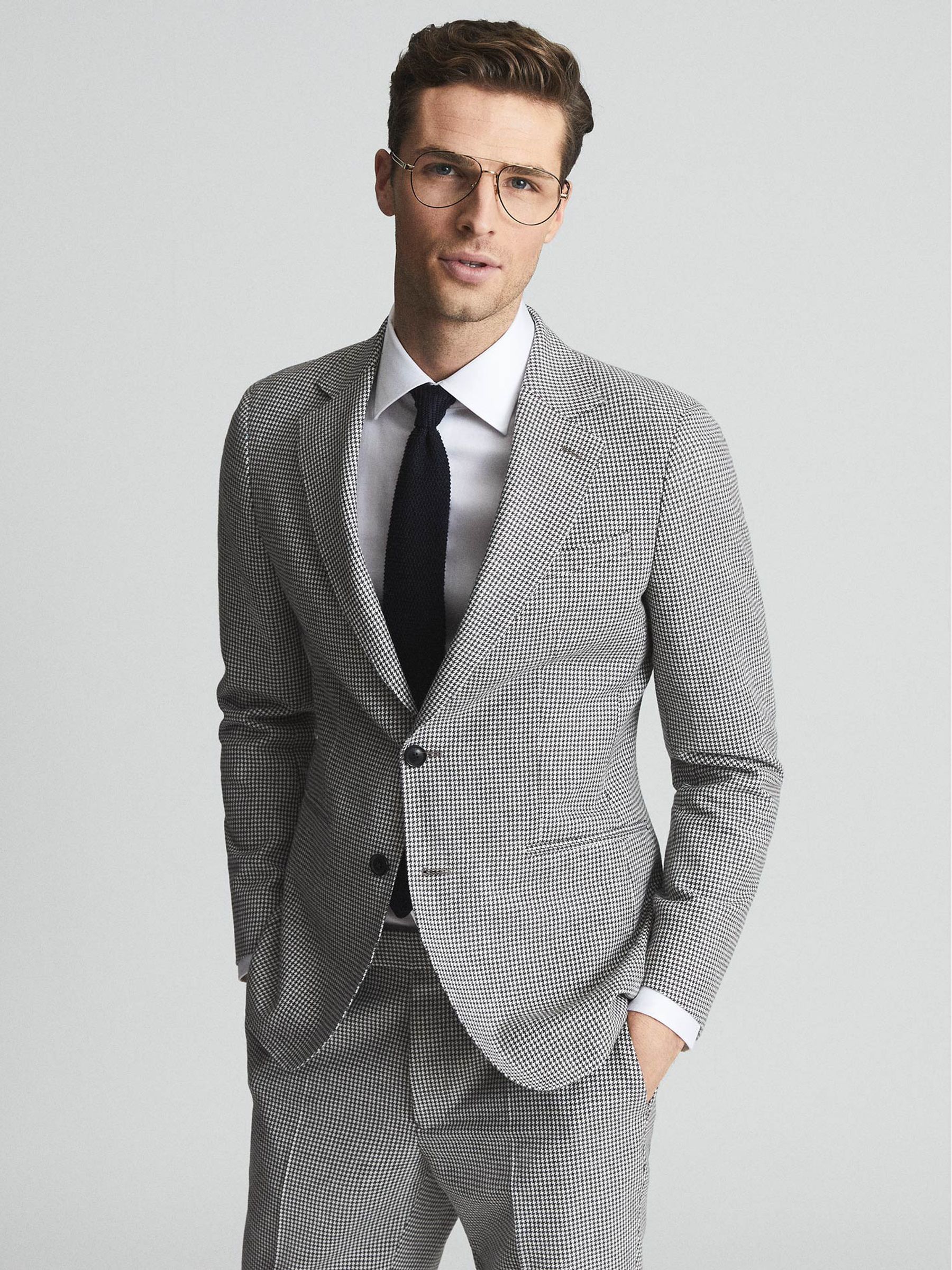Freedom Grey/Brown Slim Fit Puppytooth Single Breasted Blazer - Image 6 of 6