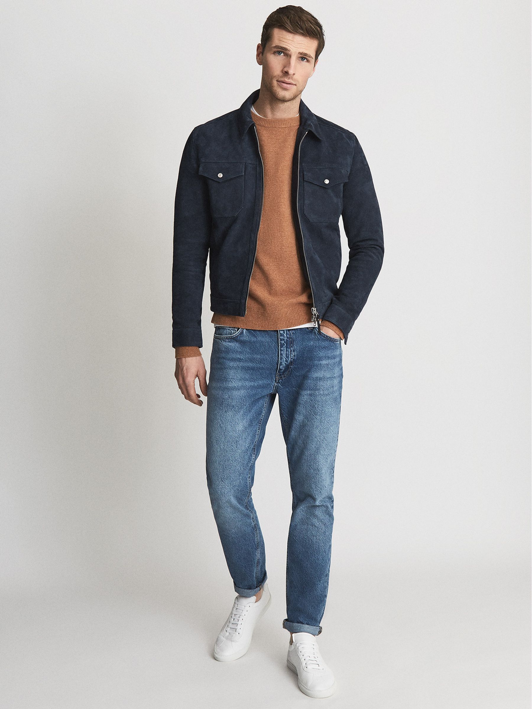 Suede Zip Through Trucker Jacket in Airforce Blue - Image 1 of 5
