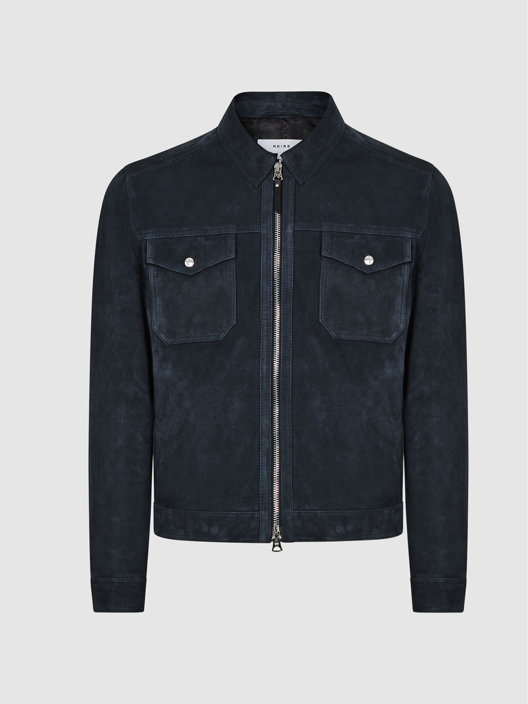 Suede Zip Through Trucker Jacket in Airforce Blue - Image 2 of 5