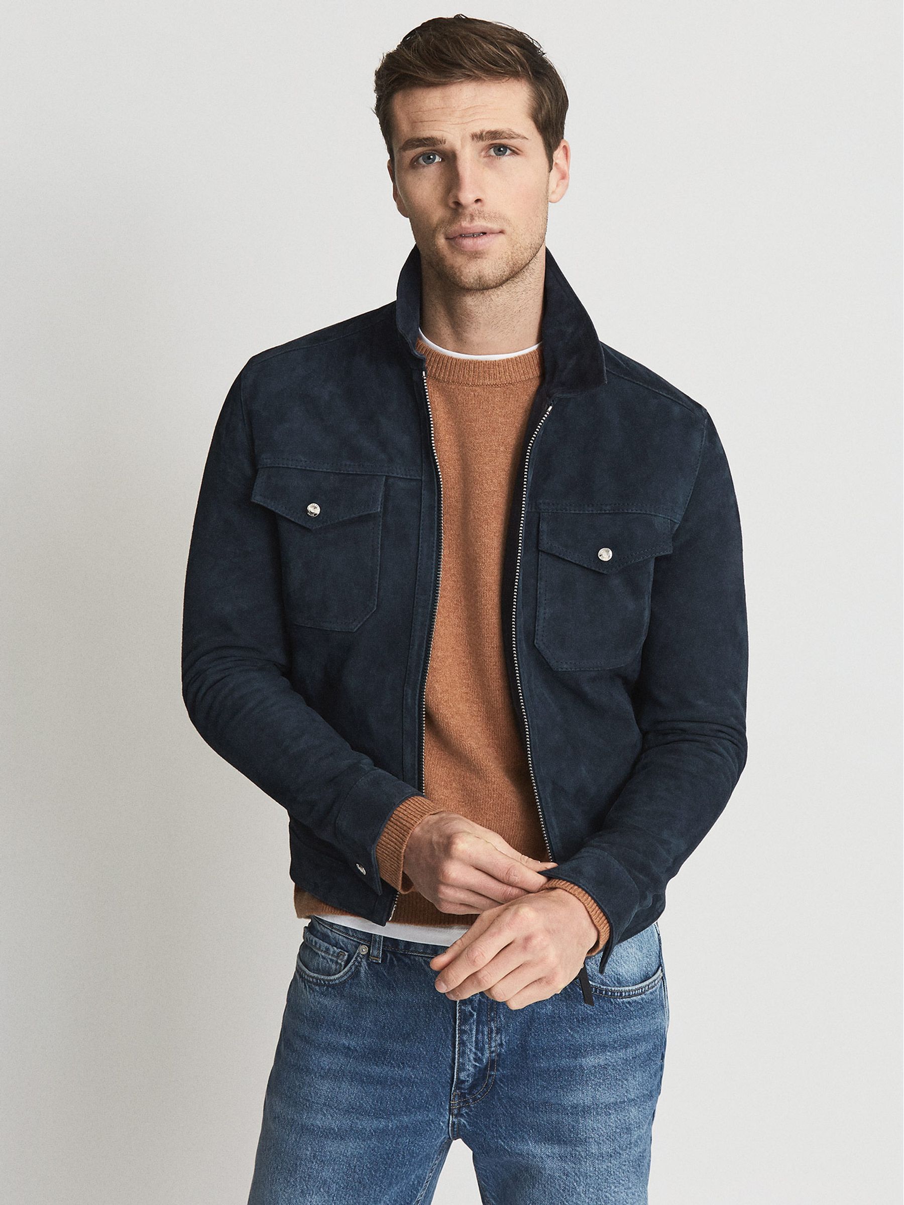 Reiss Suede Zip Through Trucker Jacket in Airforce Blue | REISS