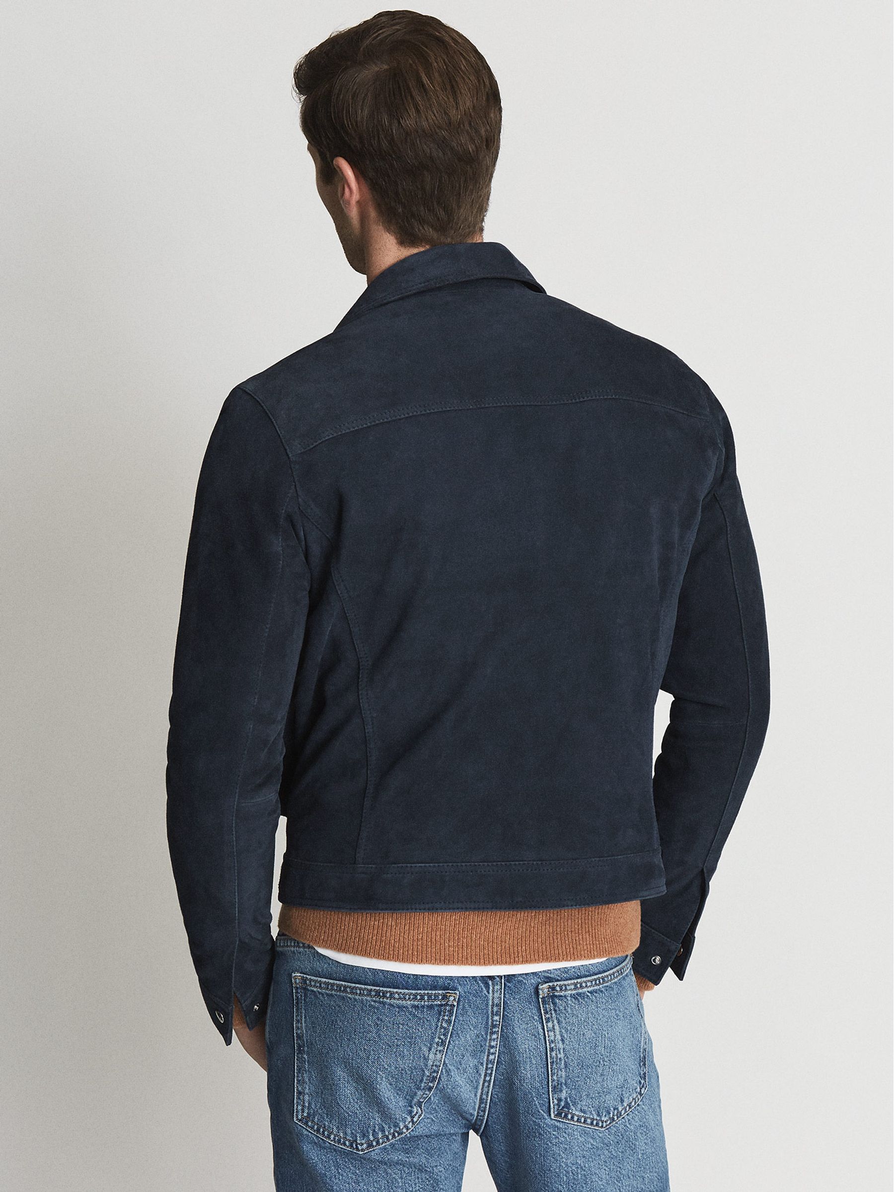 Suede Zip Through Trucker Jacket in Airforce Blue - Image 4 of 5