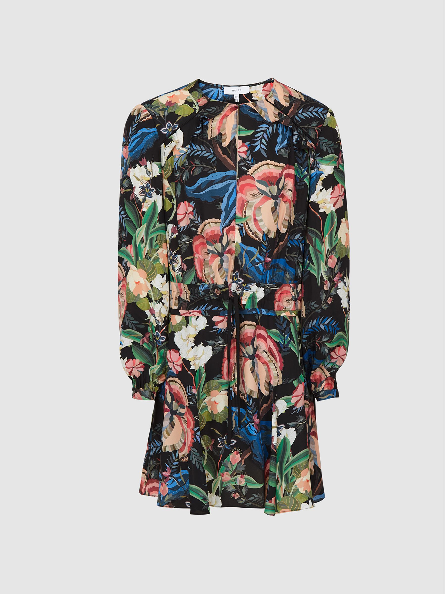 Reiss Floral Print Flippy Dress in Black Print - REISS