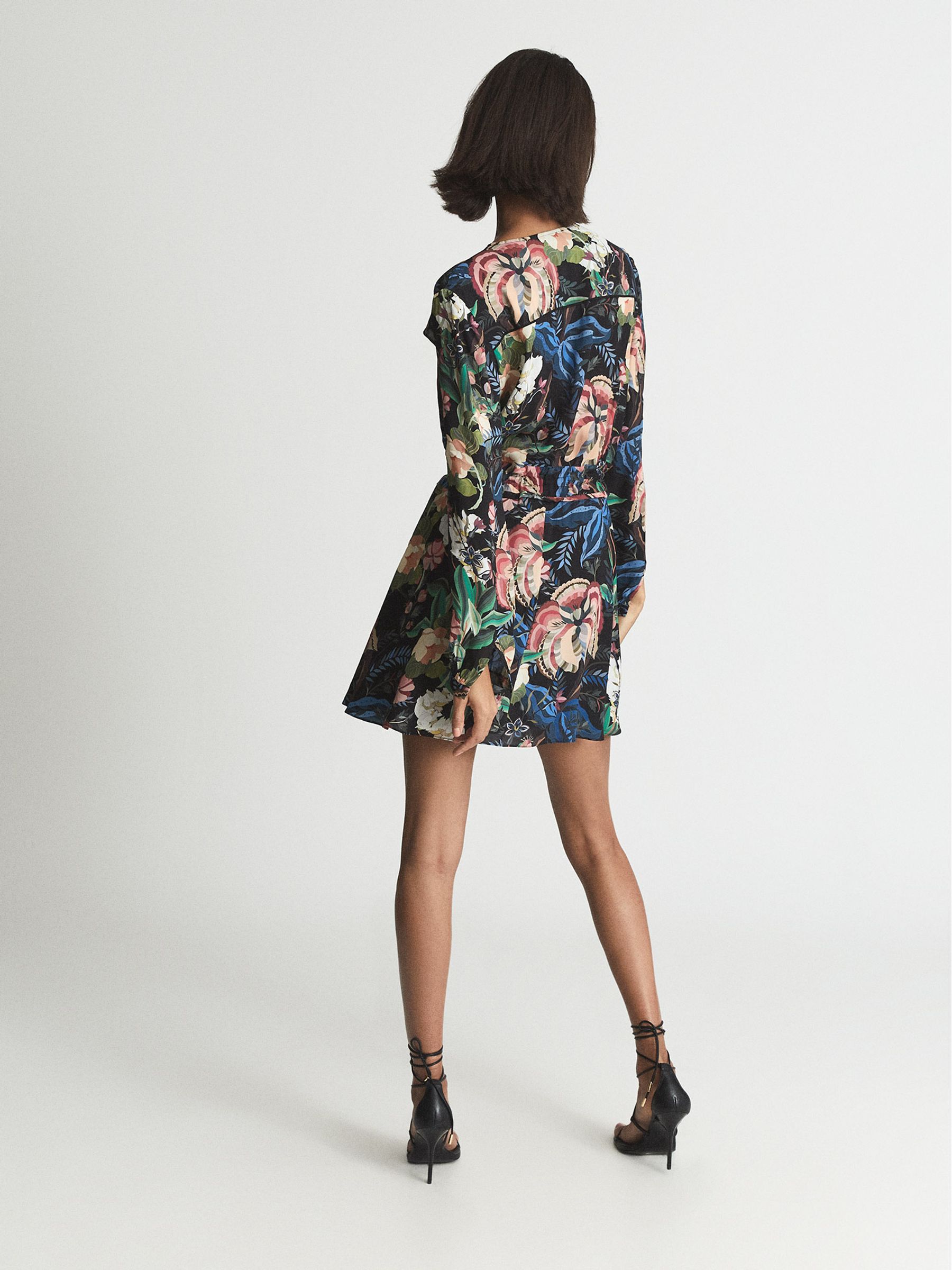 Reiss Floral Print Flippy Dress in Black Print - REISS