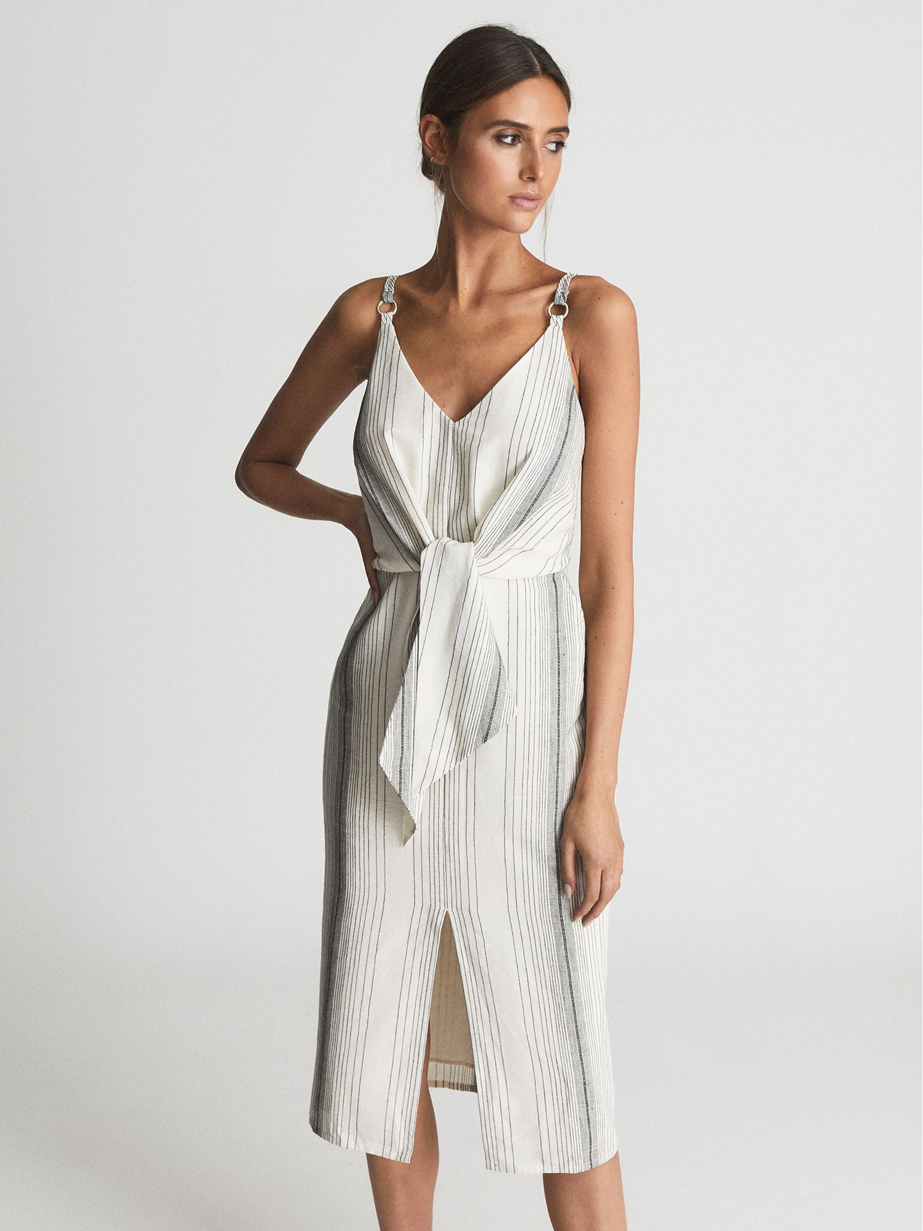 Tie Front Striped Dress in Ivory - Image 1 of 6