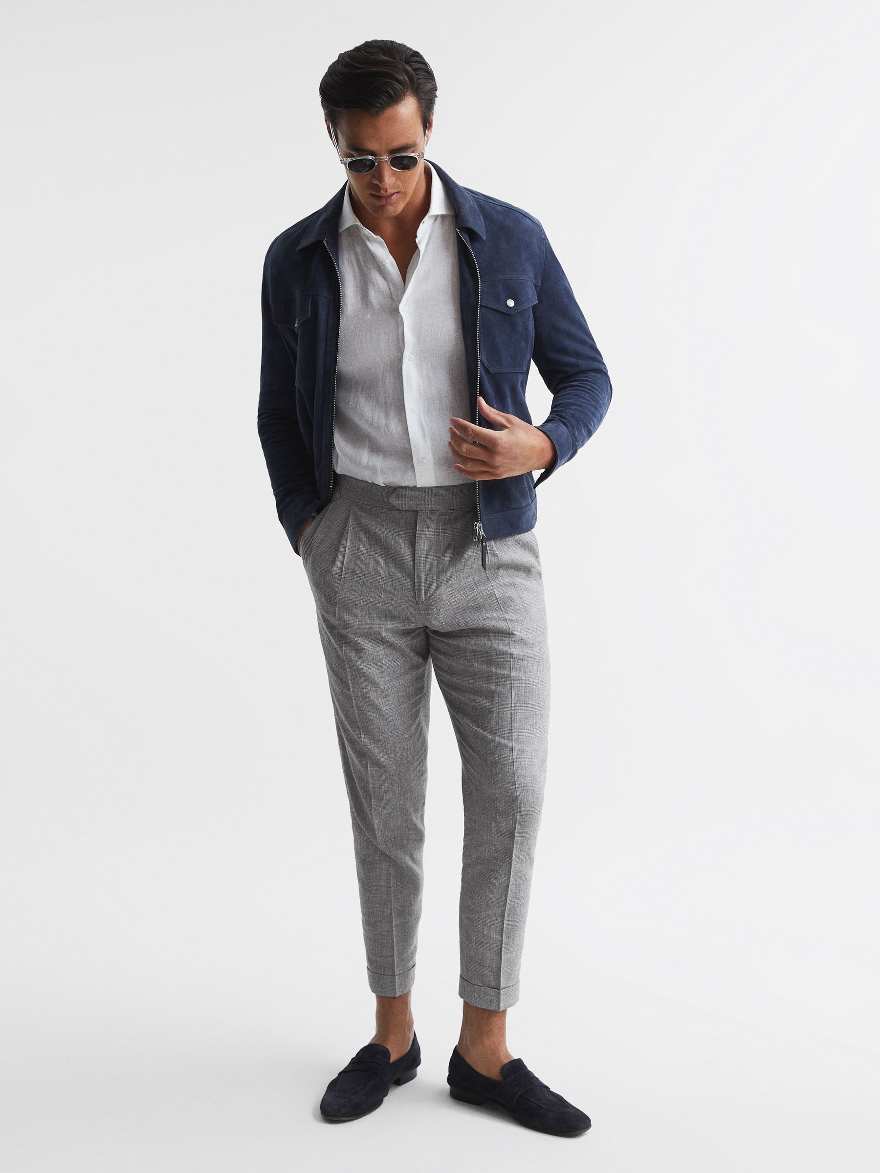 Prince Of Wales Slub Check Trousers in Grey - Image 5 of 5