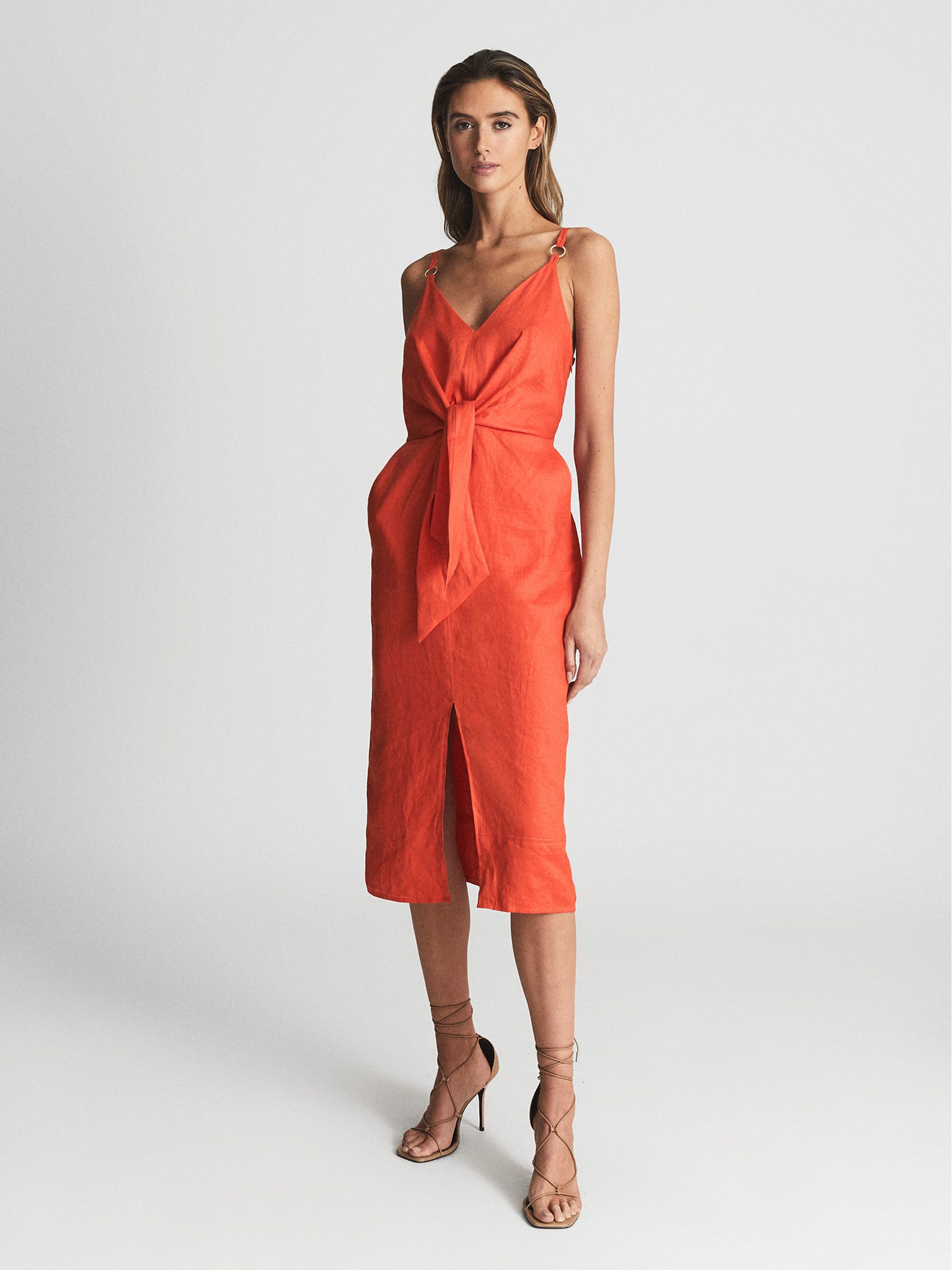 Tie Detail Linen Midi Dress in Orange - Image 1 of 6