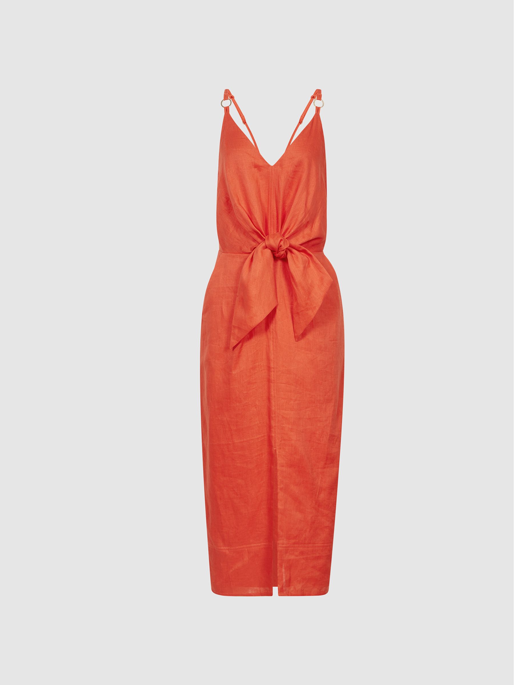 Tie Detail Linen Midi Dress in Orange - Image 2 of 6 Tie Detail Linen Midi Dress in Orange - Image 2 of 6