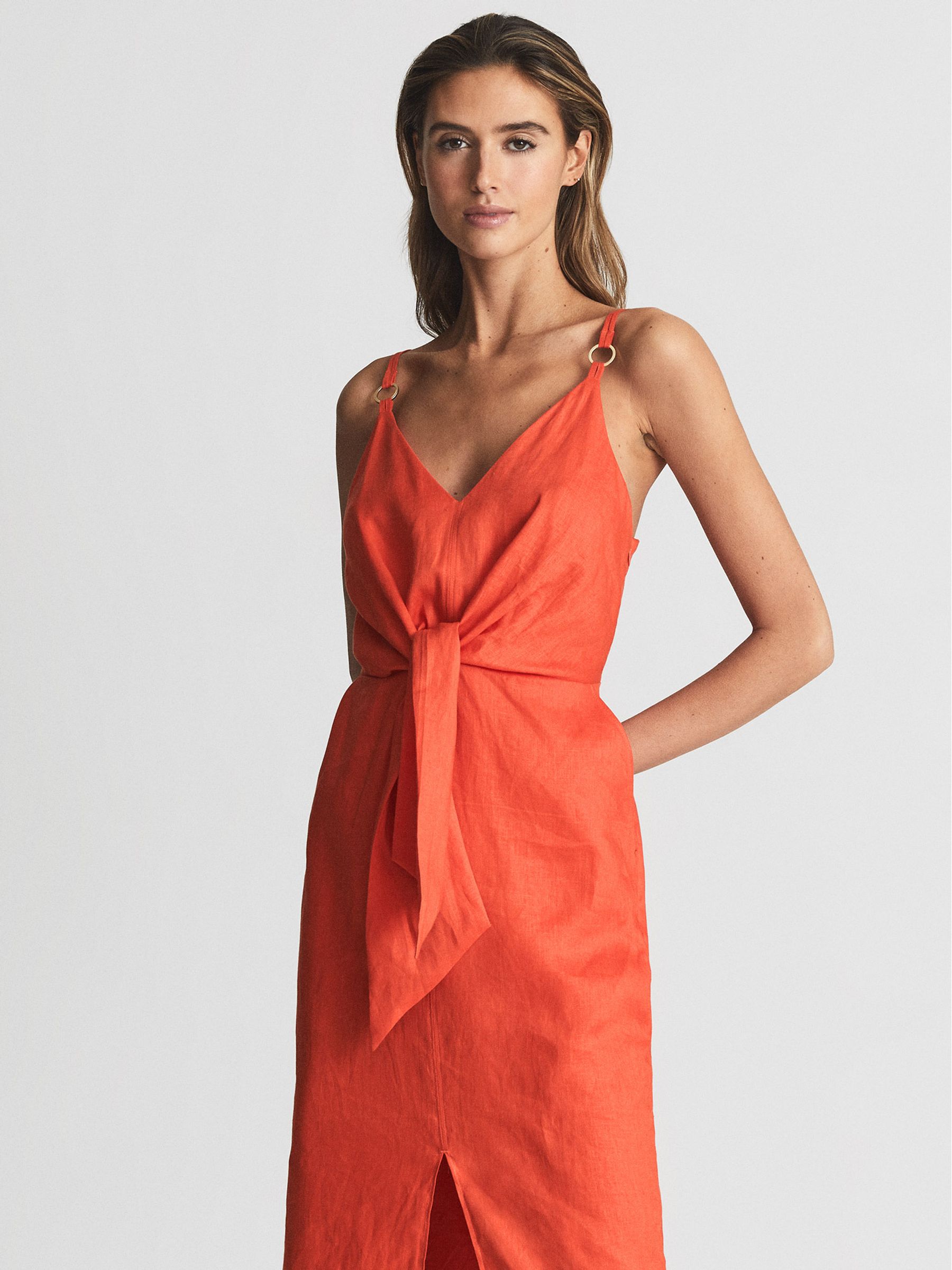 Tie Detail Linen Midi Dress in Orange - Image 3 of 6
