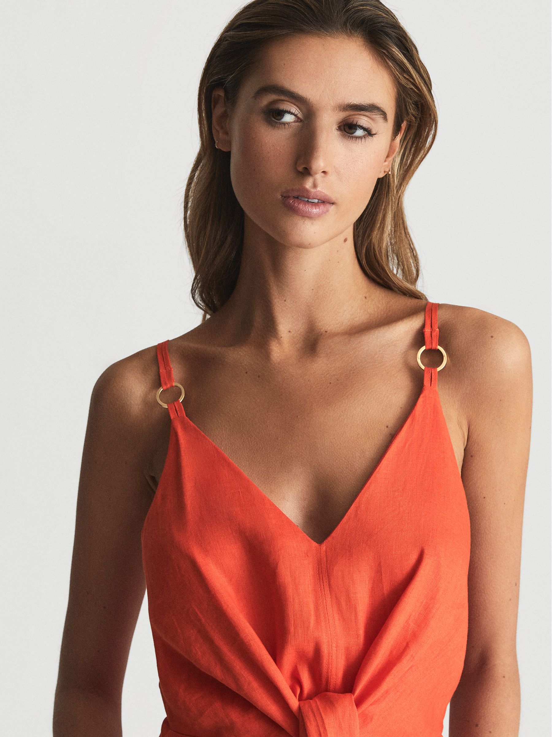 Reiss Tie Detail Linen Midi Dress in Orange - REISS