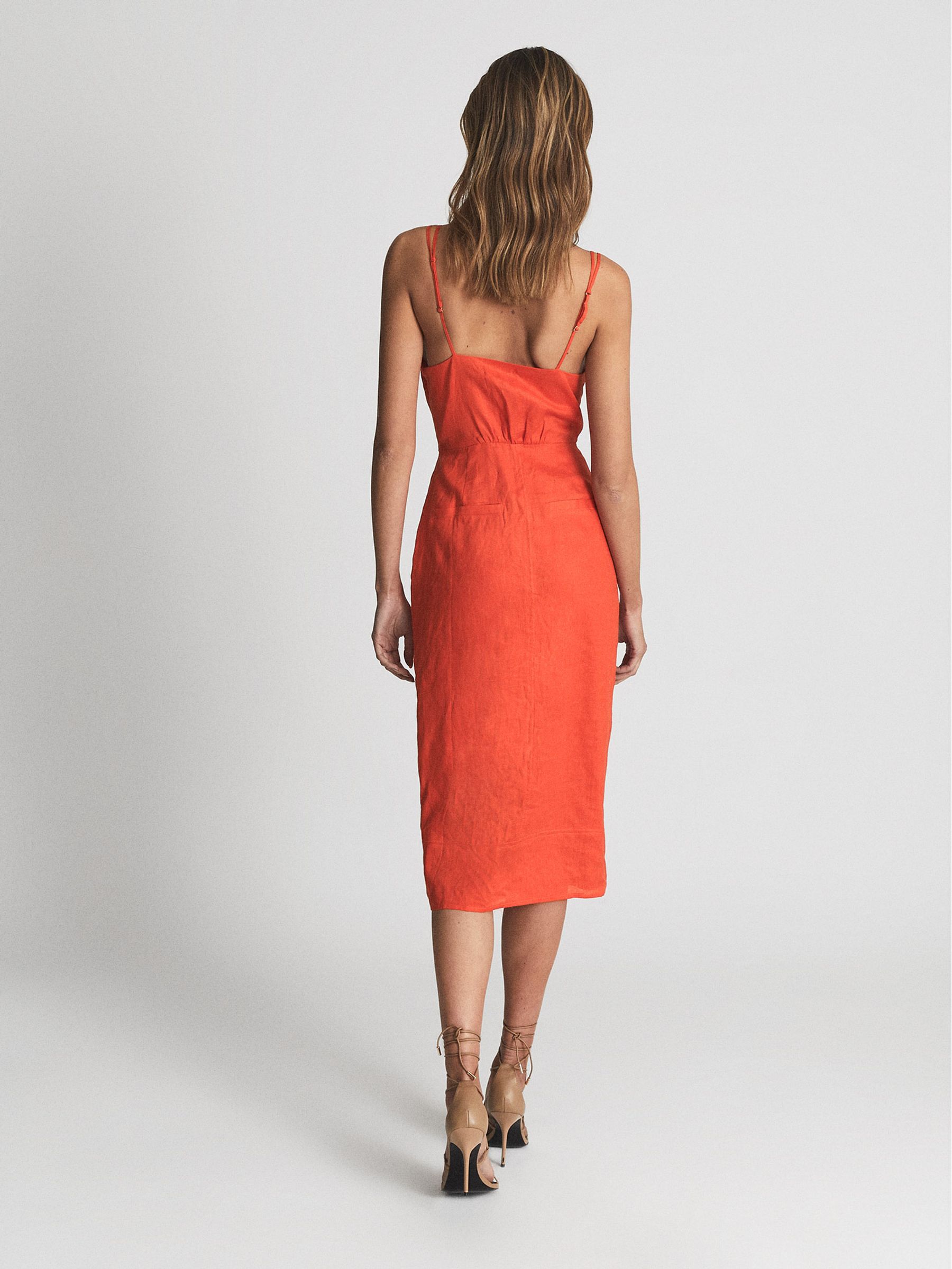 Reiss Tie Detail Linen Midi Dress in Orange - REISS