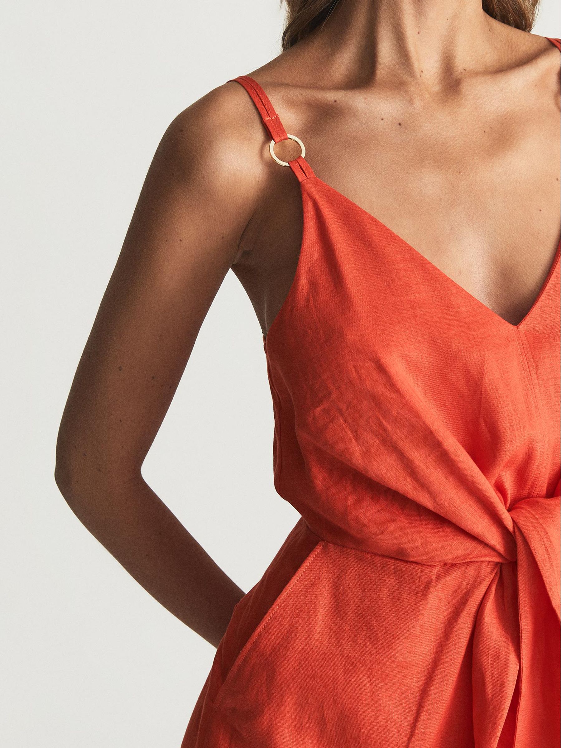 Tie Detail Linen Midi Dress in Orange - Image 6 of 6