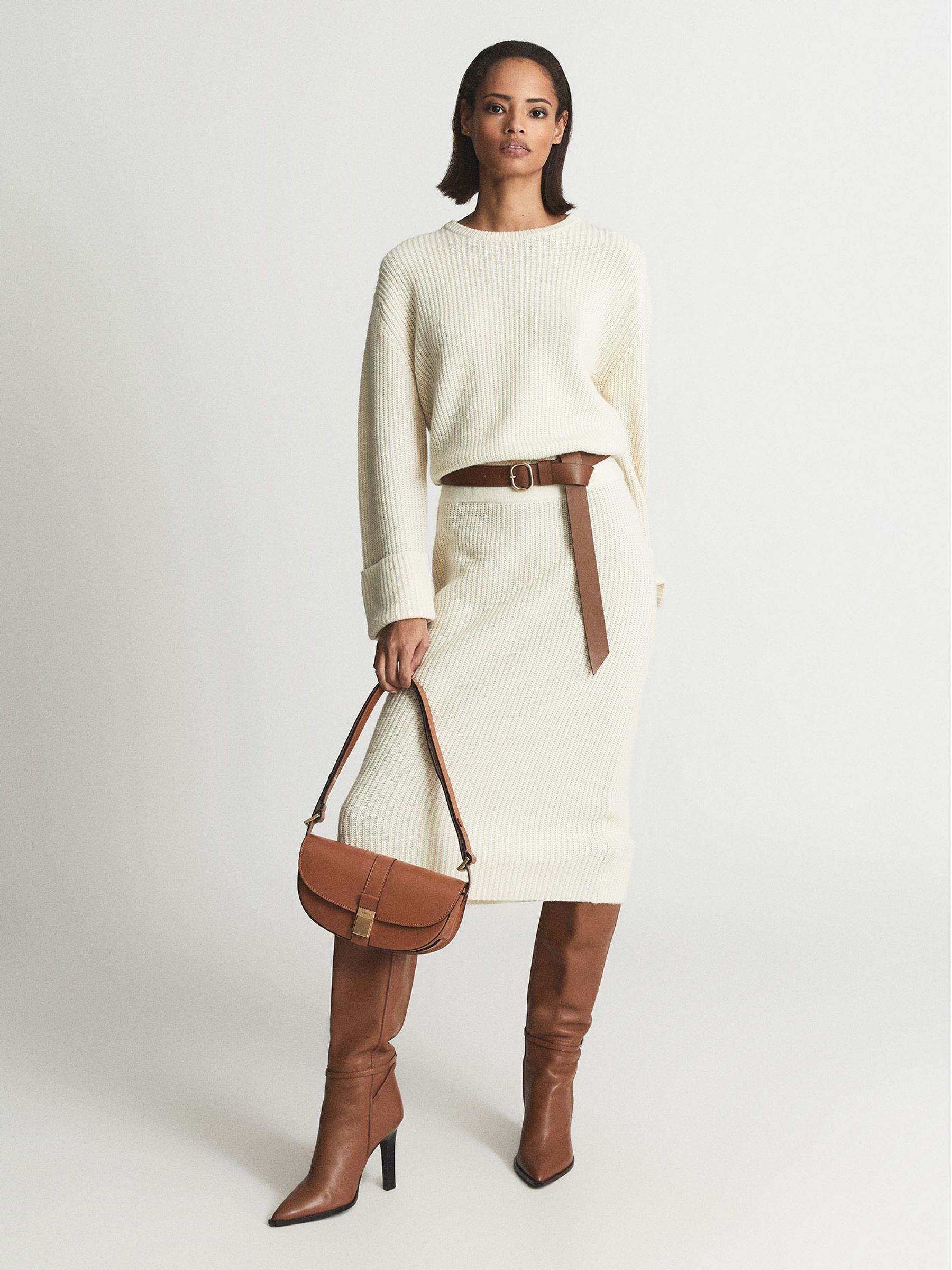 Knitted Wool Blend Midi Dress in Neutral - Image 1 of 5