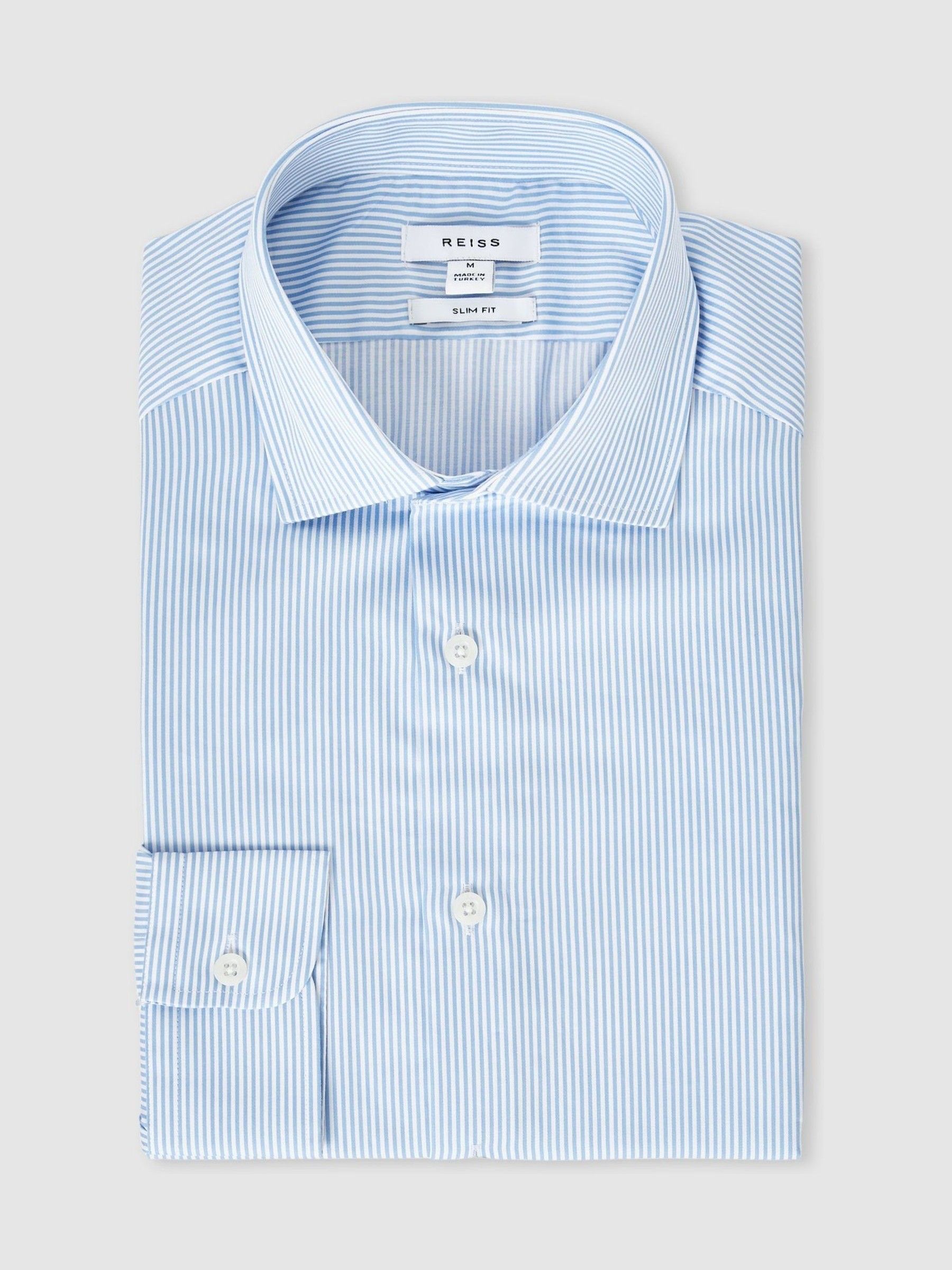 Slim Fit Cotton Sateen Shirt in Blue Stripe - Image 1 of 8