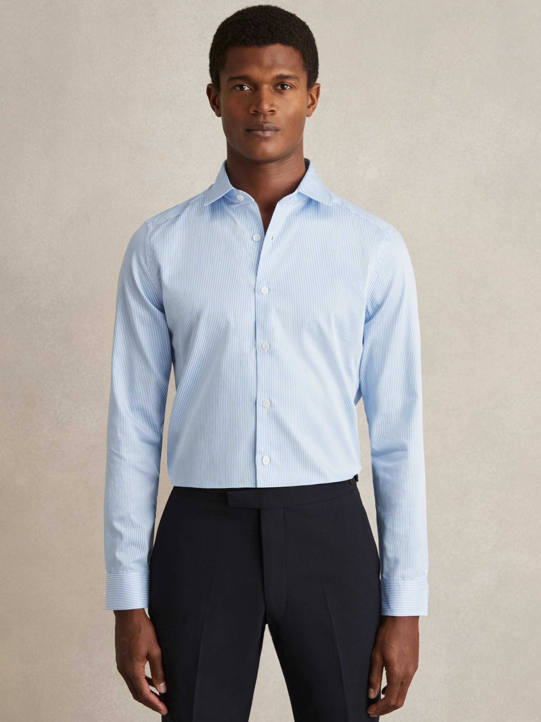 Slim Fit Cotton Sateen Shirt in Blue Stripe - Image 2 of 8