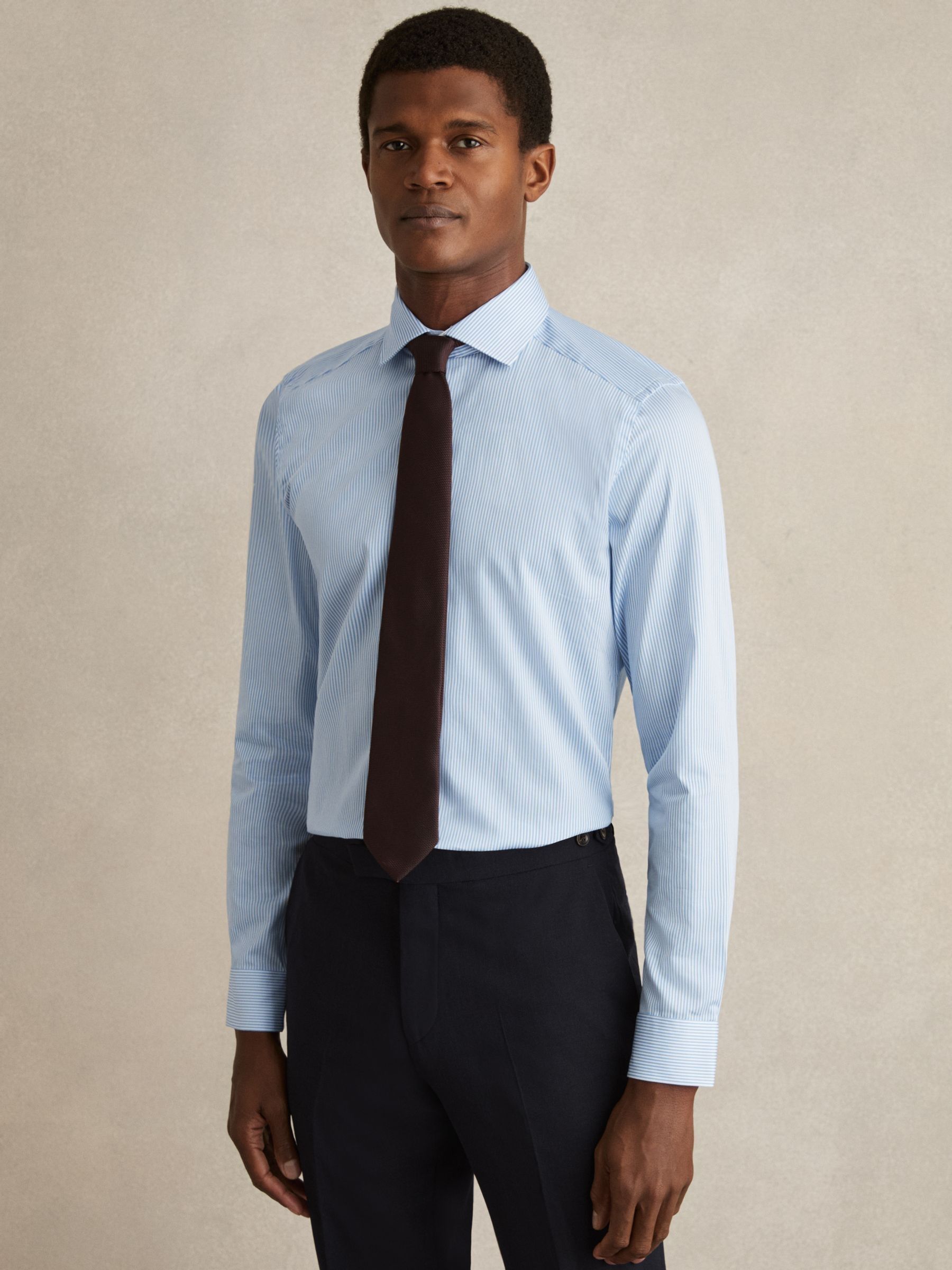 Slim Fit Cotton Sateen Shirt in Blue Stripe - Image 5 of 8