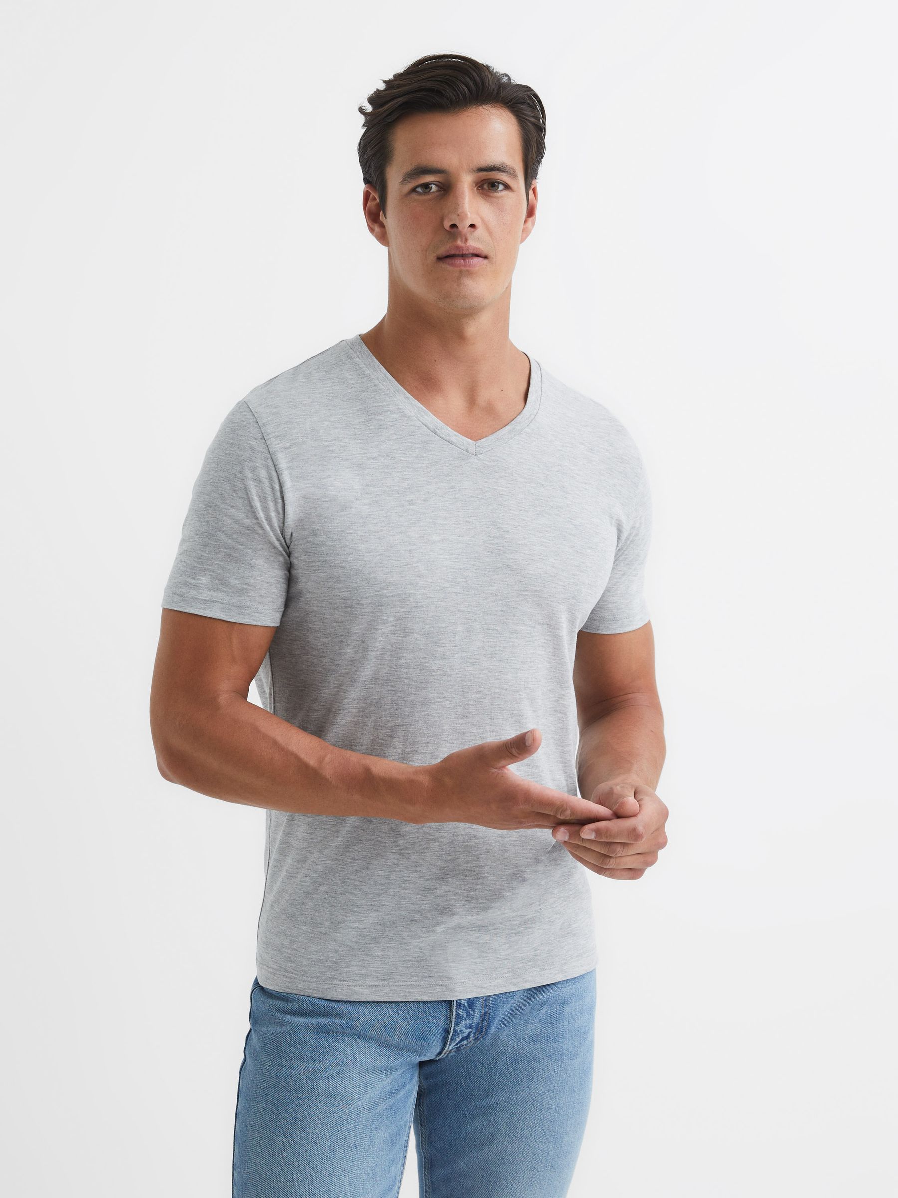 Regular Fit V-Neck T-Shirt in Grey Marl - Image 1 of 6
