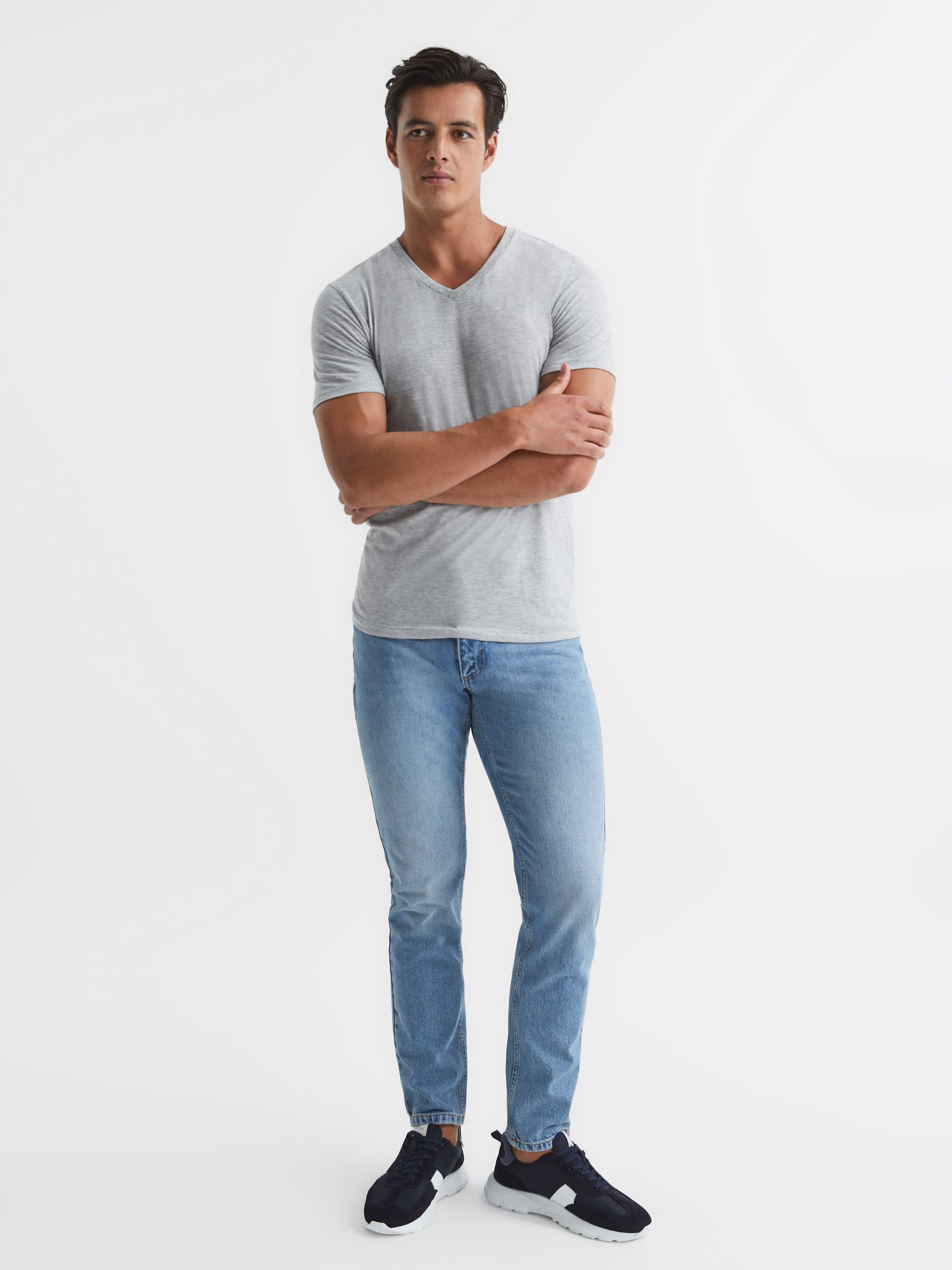 Regular Fit V-Neck T-Shirt in Grey Marl - Image 3 of 6