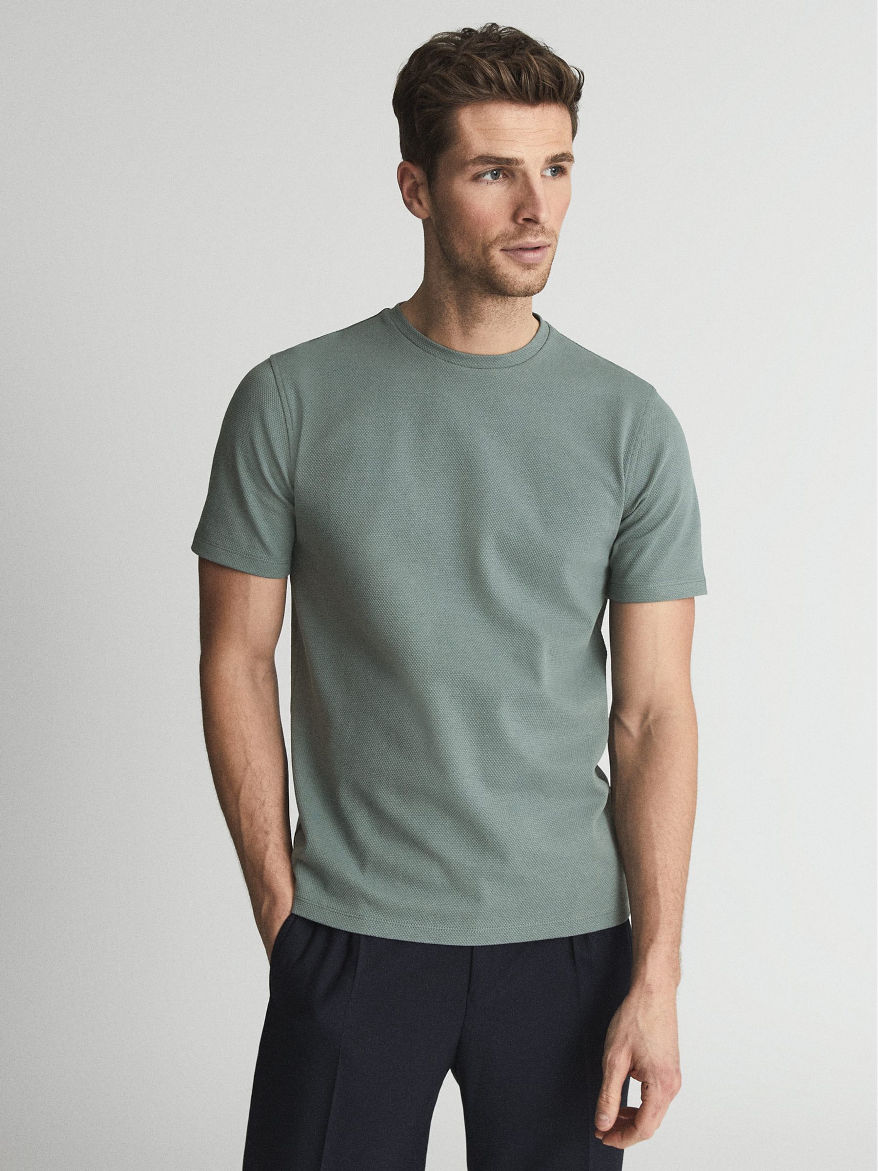 Honeycomb Crew Neck T-shirt in Sage - Image 1 of 5
