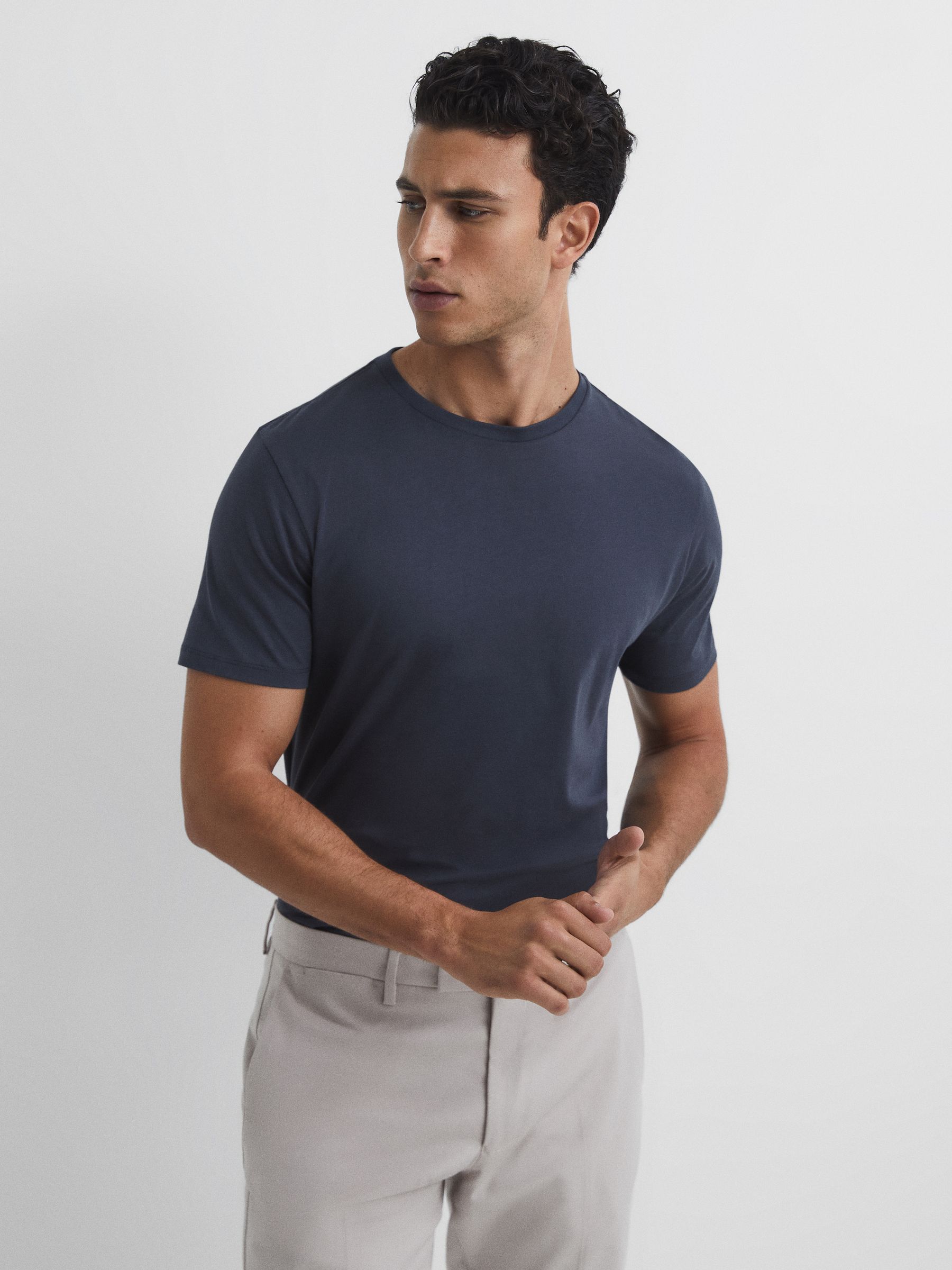 Cotton Crew Neck T-Shirt in Airforce Blue - Image 1 of 7 Cotton Crew Neck T-Shirt in Airforce Blue - Image 1 of 7