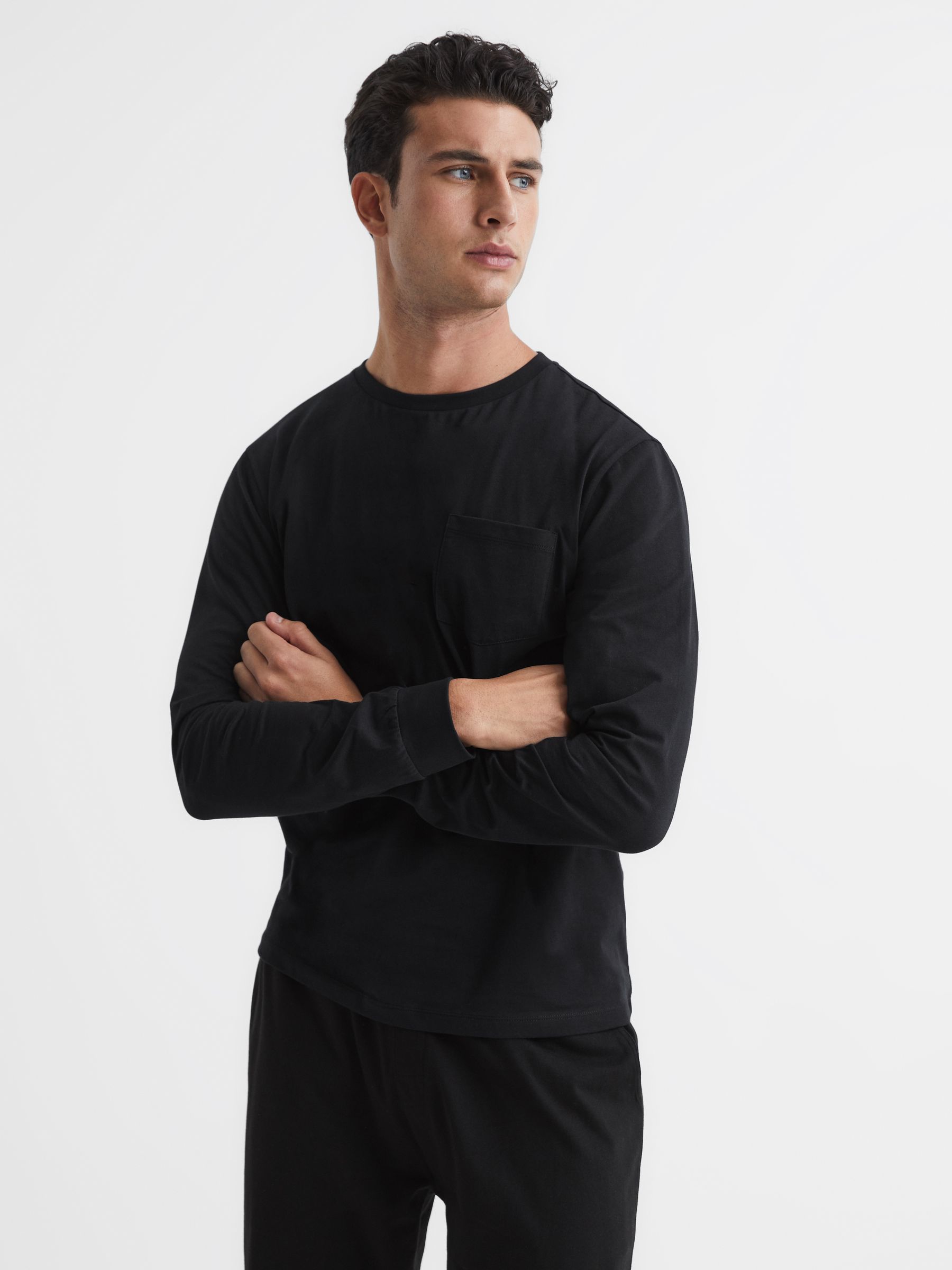 Long Sleeved Crew Neck T-Shirt in Black - Image 1 of 6
