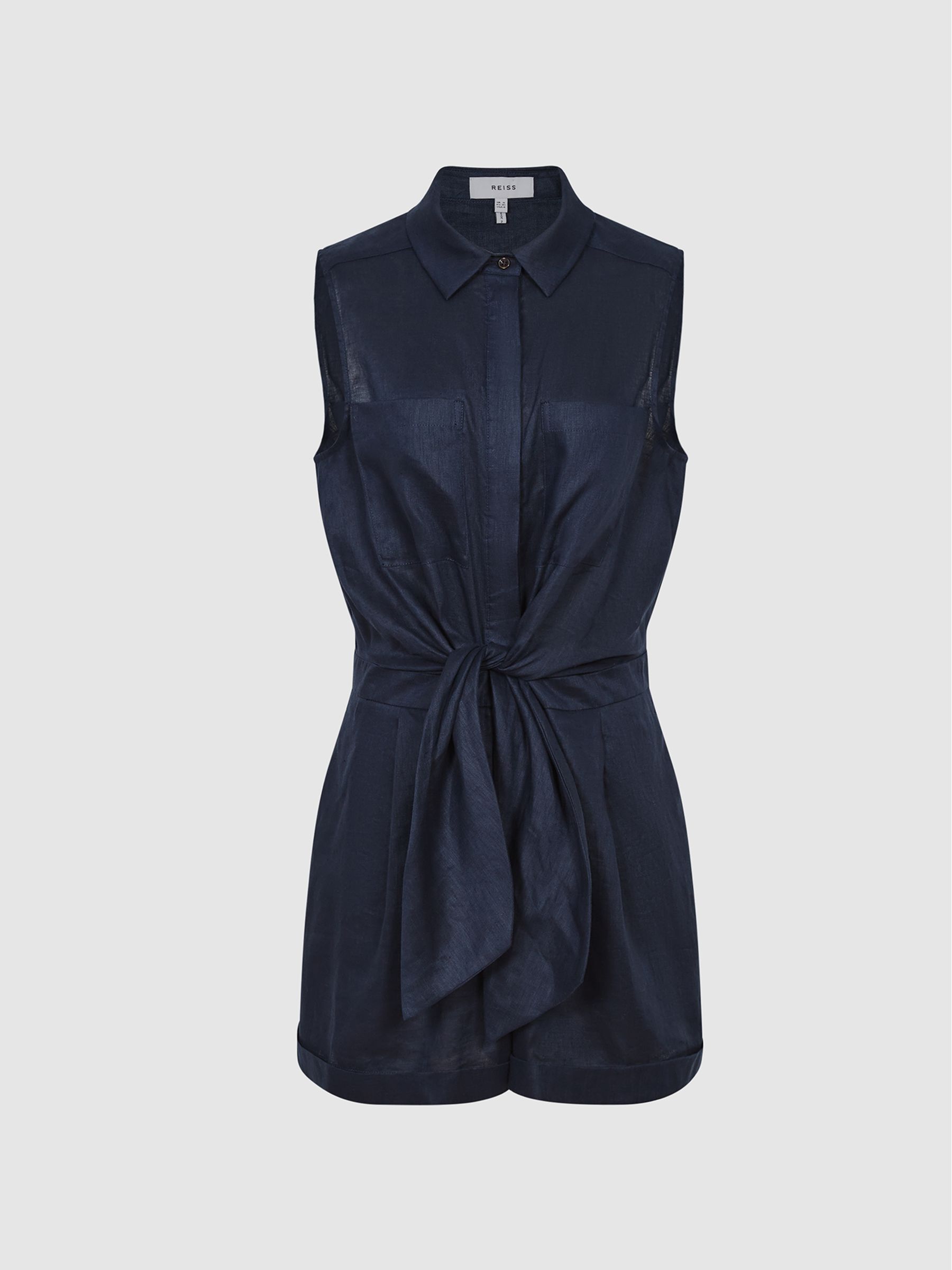 Sleeveless Linen Playsuit in Navy - Image 1 of 5