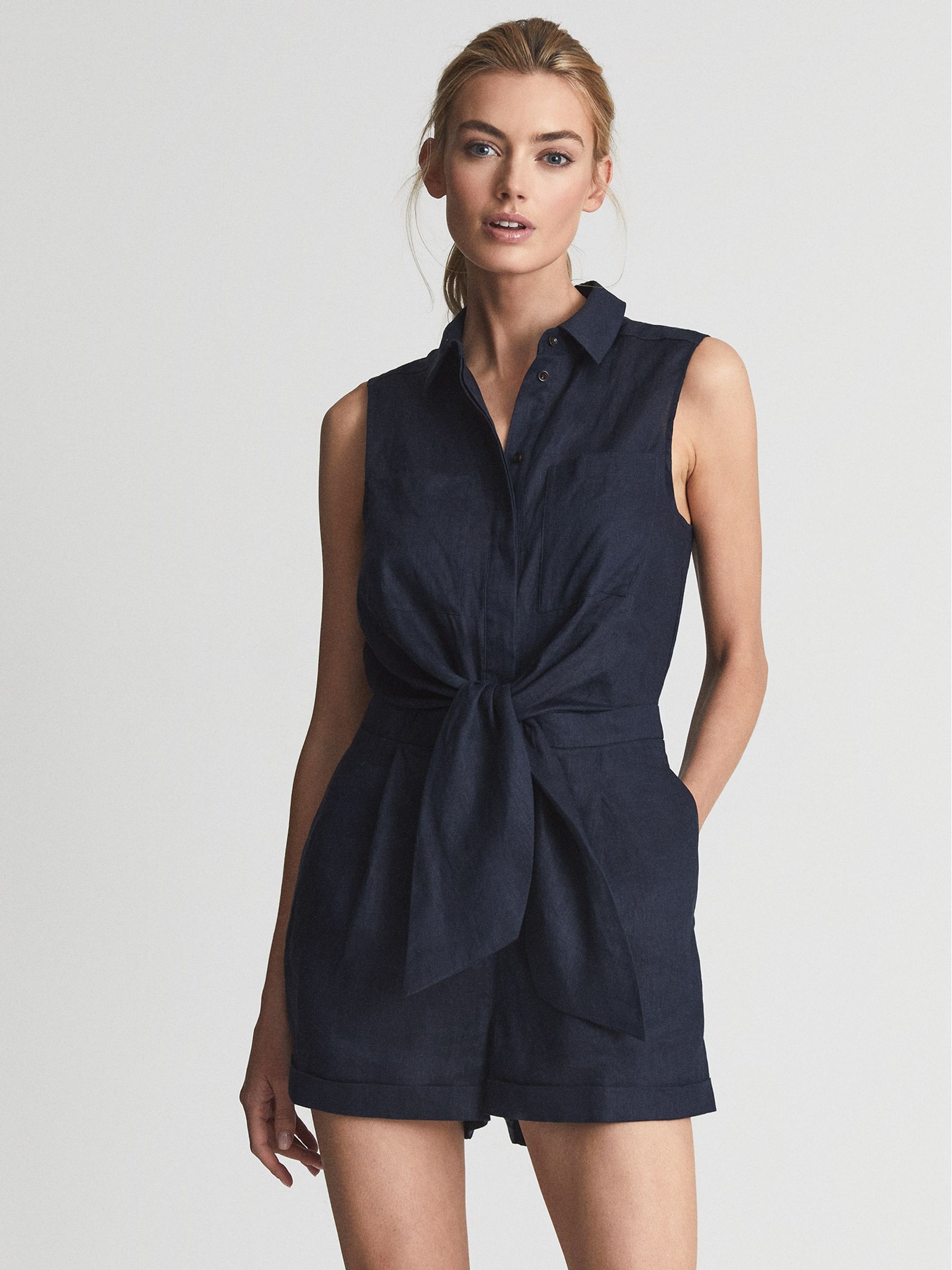 Sleeveless Linen Playsuit in Navy - Image 3 of 5