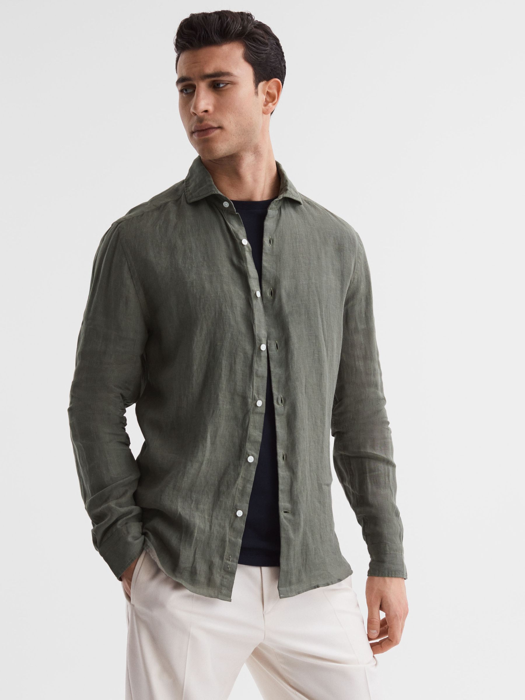 Linen Button-Through Shirt in Olive - Image 1 of 6