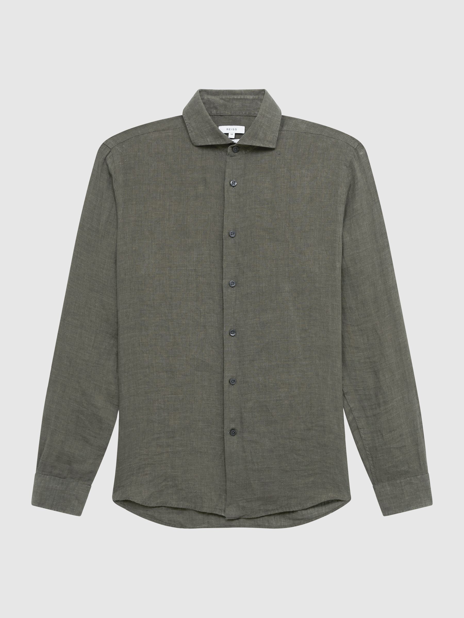 Linen Button-Through Shirt in Olive - Image 2 of 6