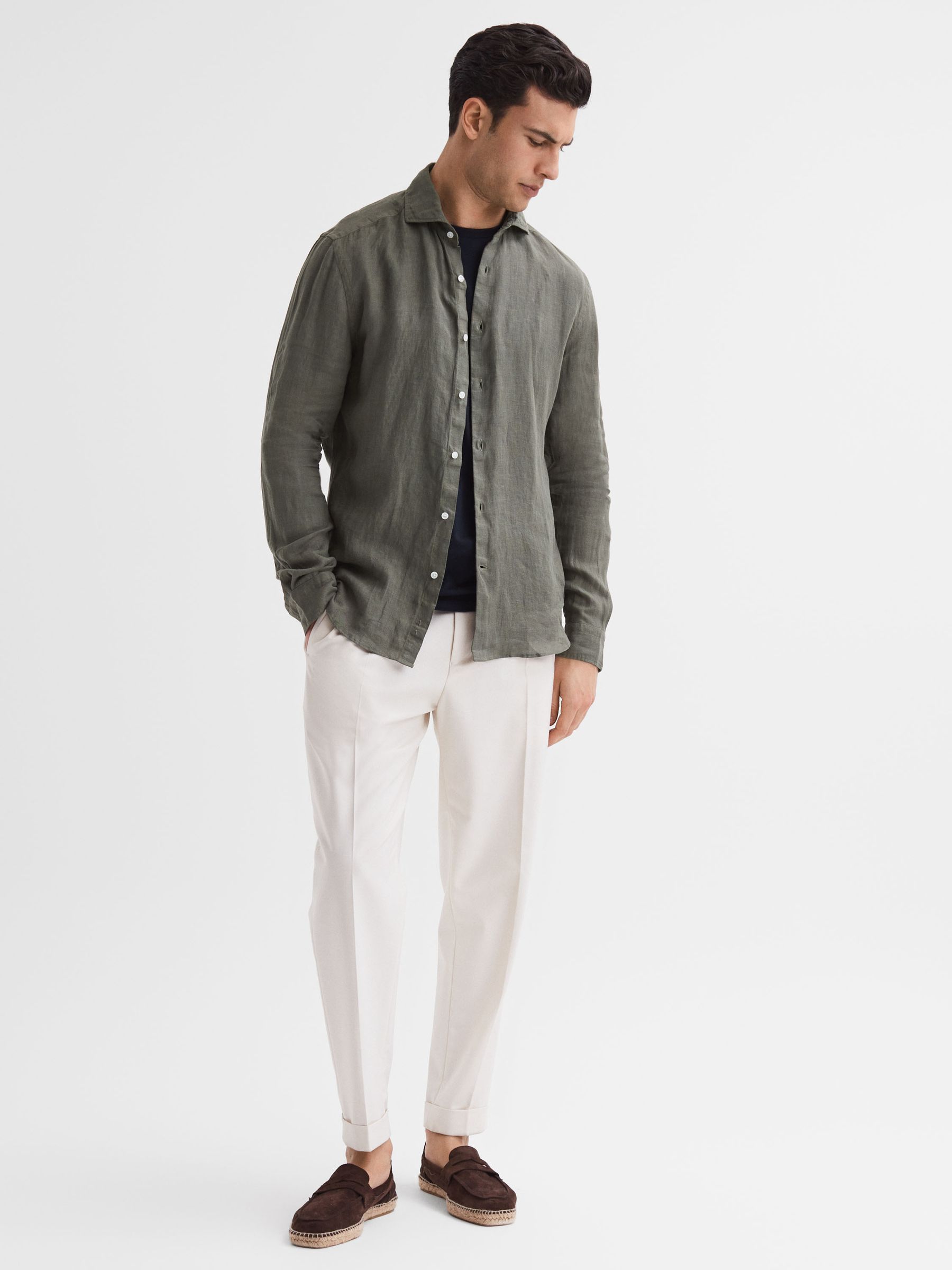 Linen Button-Through Shirt in Olive - Image 3 of 6