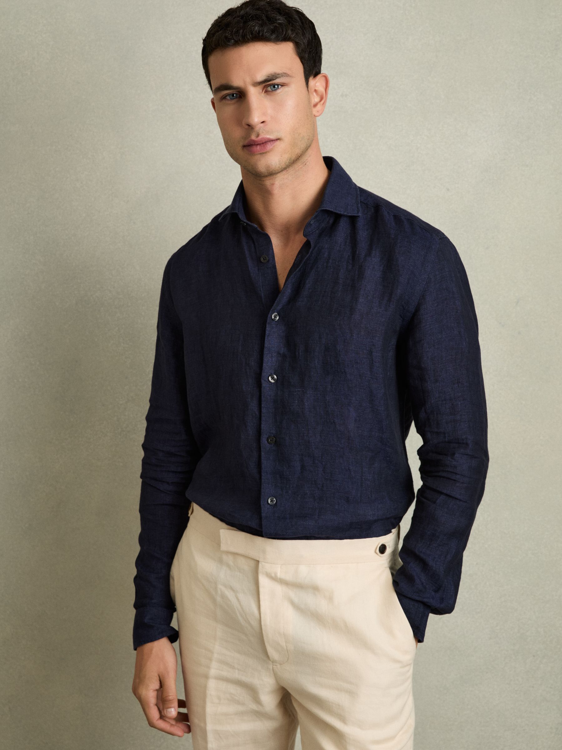 Linen Button-Through Shirt in Navy - Image 1 of 7
