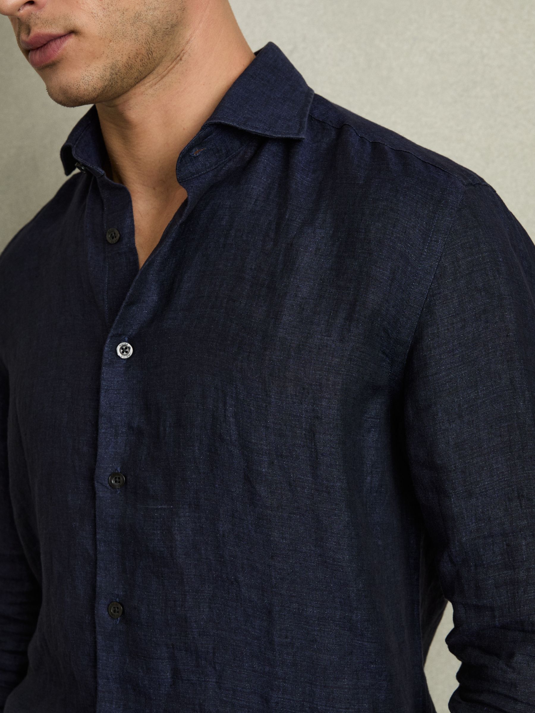 Linen Button-Through Shirt in Navy - Image 4 of 7