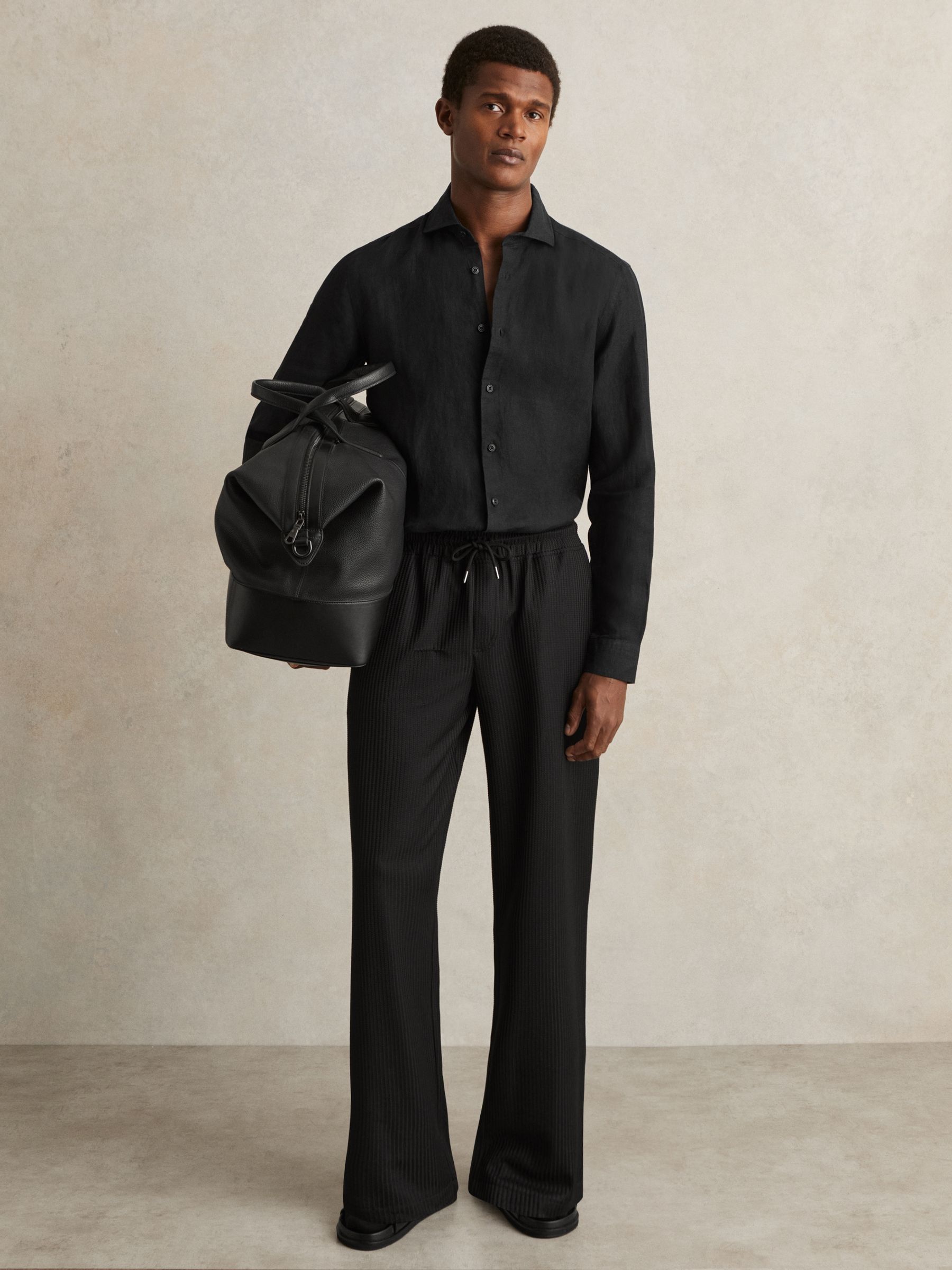 Linen Striped Cutaway-Collar Shirt in Black - Image 3 of 8