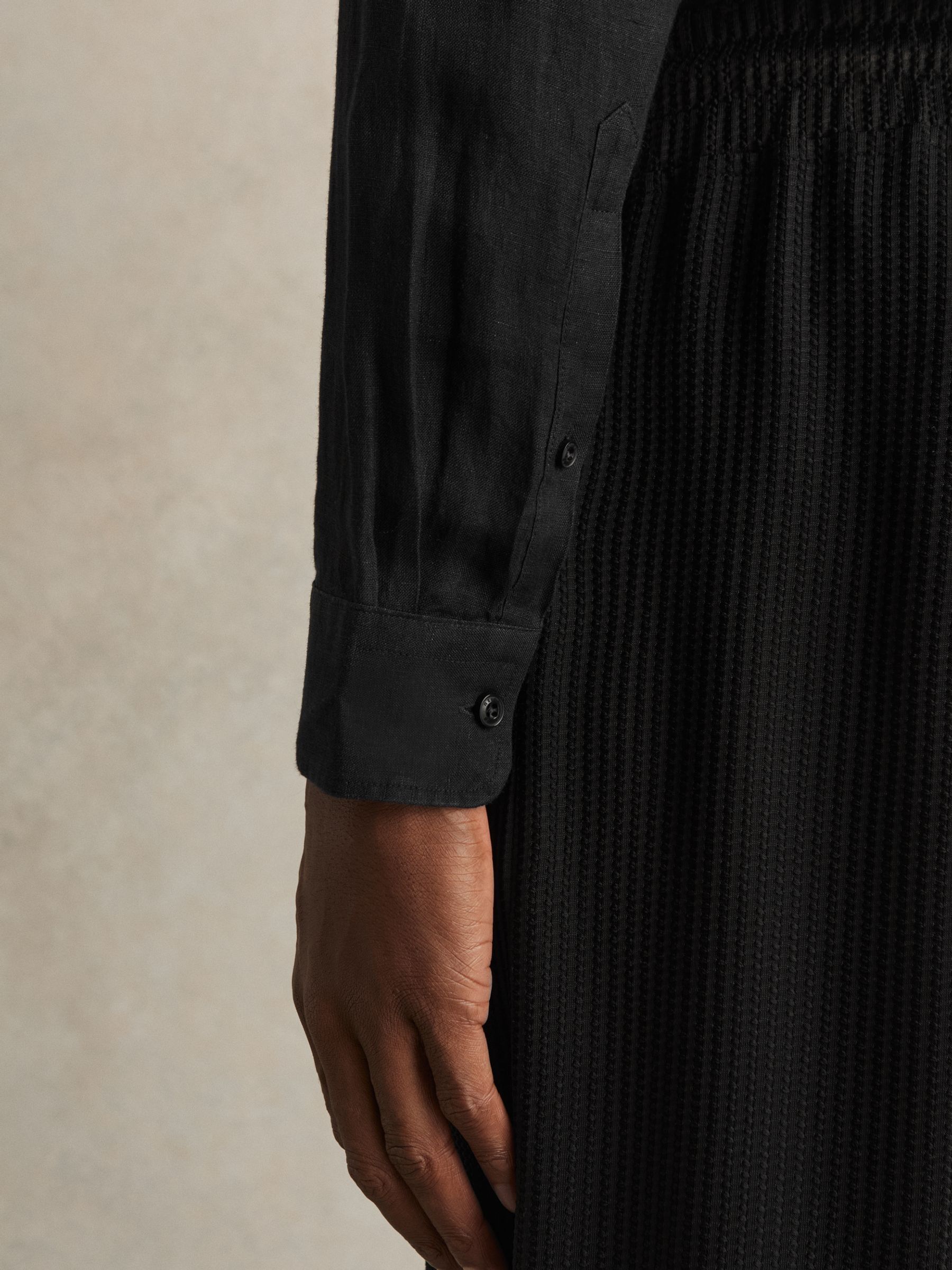 Linen Striped Cutaway-Collar Shirt in Black - Image 5 of 8