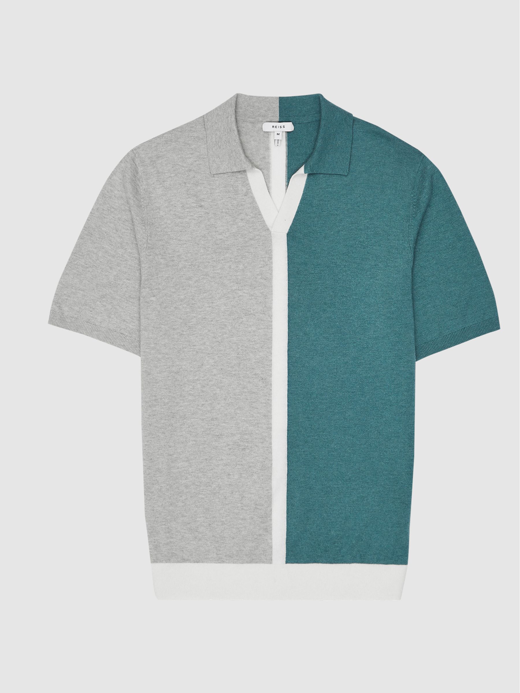 Colour Block Knitted Polo T-Shirt in Teal - Image 2 of 5
